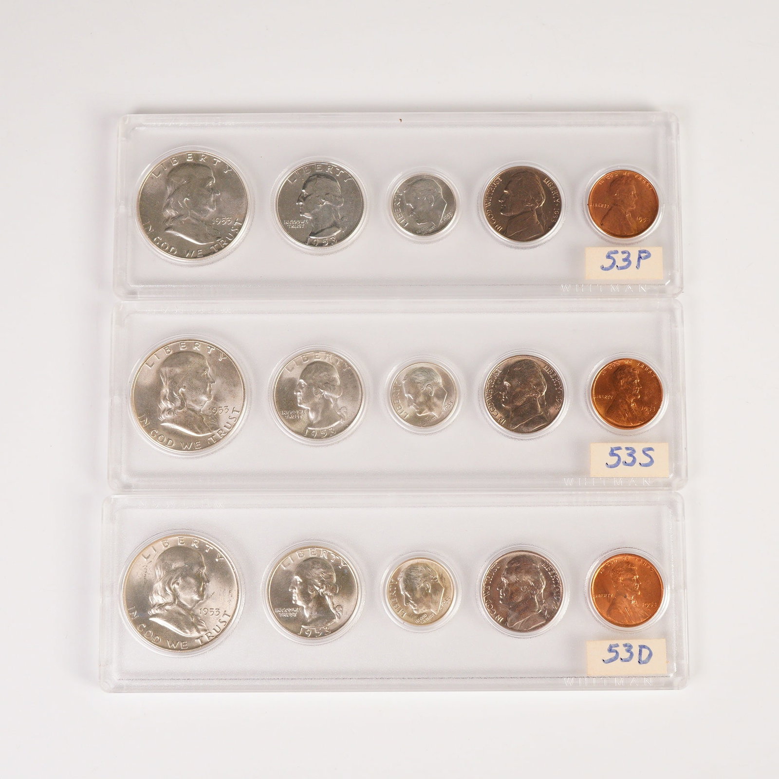 3pc 1953 United States Coin Sets: Includes a 1950-D, 1953-S and a 1953 full set with the Franklin Half Dollar, Washington Quarter, Roosevelt Dime, Jefferson Nickel, and Lincoln Cent The coins are marked with their corresponding mintma