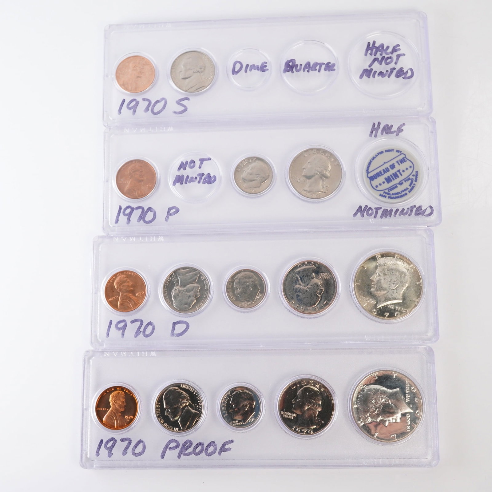 4pc 1970, 1970 D,P,S U.S. Mint Proof and Coin Sets: United States Mint coin sets, including the Philadelphia (P) and Denver (D) uncirculated sets, the San Francisco (S) circulation strikes limited to the Lincoln cent and Jefferson nickel (as the dime, 