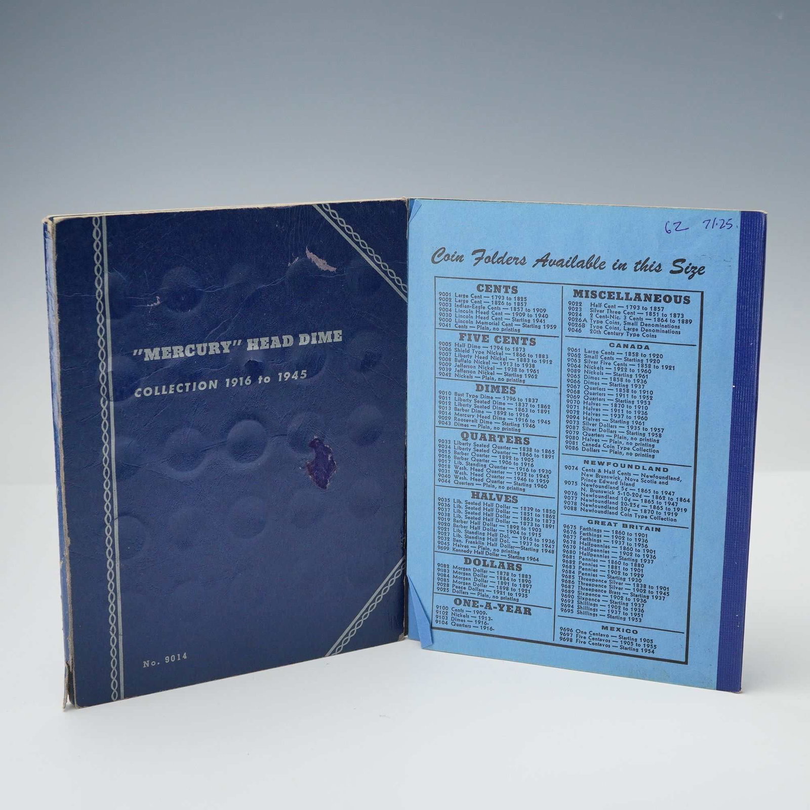 1916 - 1945 Mercury Head Dime Folder, 36 Coins: Whitman Publishing Company folder No. 9014 containing an incomplete Mercury Head Dime collection spanning 1916 to 1945. This collection includes 36 circulated silver dimes featuring A.A. Weinman's ico