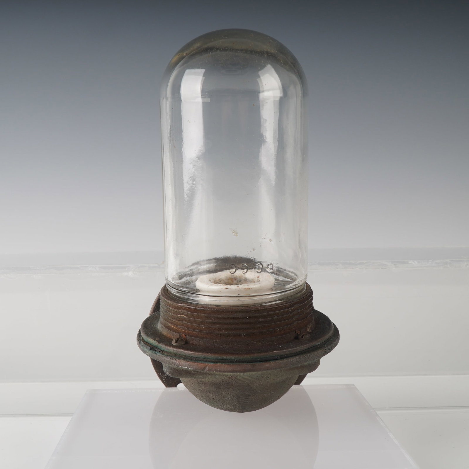 Industrial Explosion-Proof Light Fixture with P C Co Glass Globe: A vintage industrial explosion-proof or weather-sealed light fixture featuring a thick clear glass dome marked P C Co, indicating manufacture by Pittsburgh Corning. The fixture includes a threaded cas