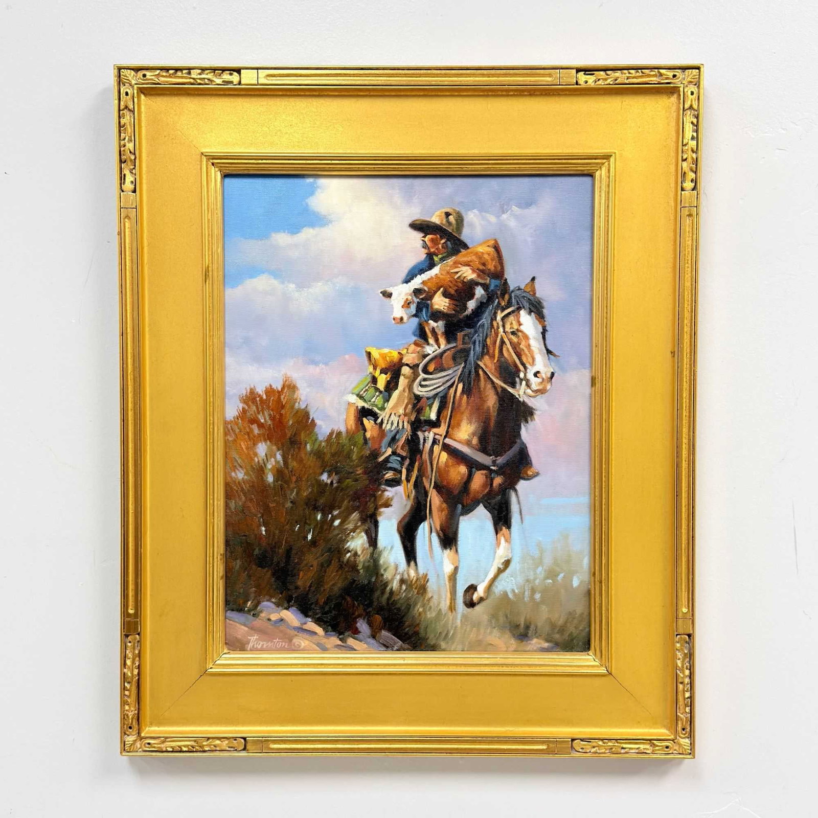 Gary Jack Thornton (American, b. 1941) Lookin for Mama, Oil on Canvas: This original contemporary Western oil painting on canvas is titled Lookin for Mama by American artist Gary Jack Thornton. The work depicts a cowboy on a bay horse with white facial markings, carefull