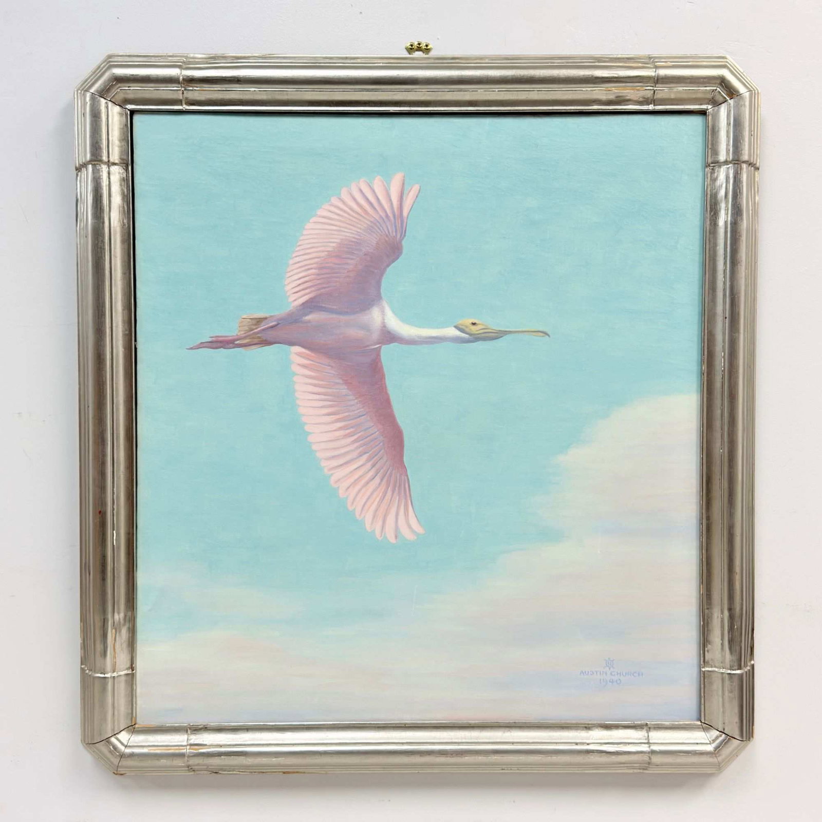 Austin Church (American, 20th Century), Oil on Canvas, Roseate Spoonbill in Flight, 1940: This oil on canvas painting by Austin Church (American, 20th century) depicts a Roseate Spoonbill in flight. The bird is rendered with naturalistic detail, showing its distinctive spatulate bill, yell