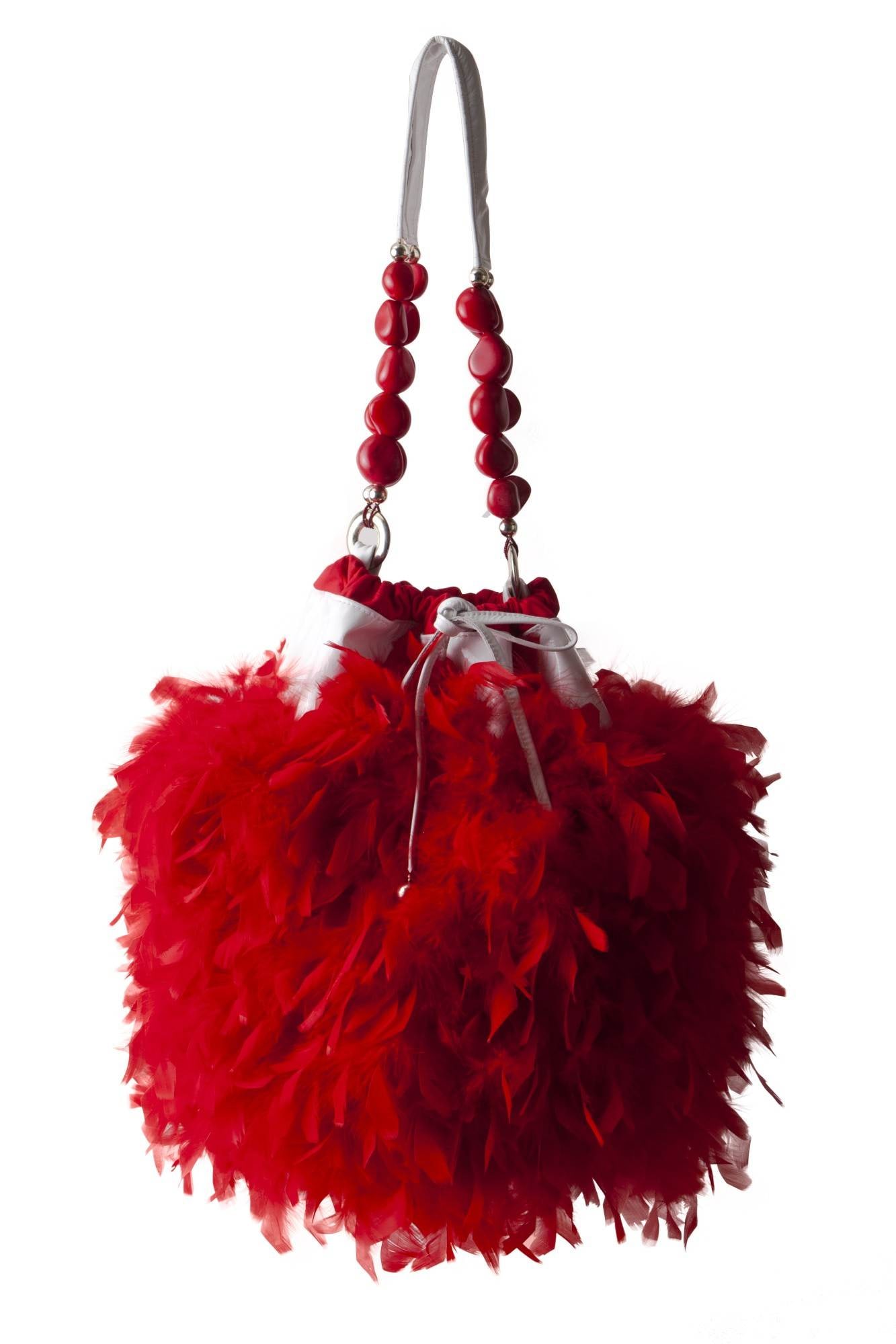 Irene Marie Angel Bag, Stephi Precious Super Leather: One-of-a-kind, unique creation, couture white patent leather precious draw string handbag with red chandelle feathers and large red stone handle. Lining Red cotton. Handle Red 40mm oval stones and whi