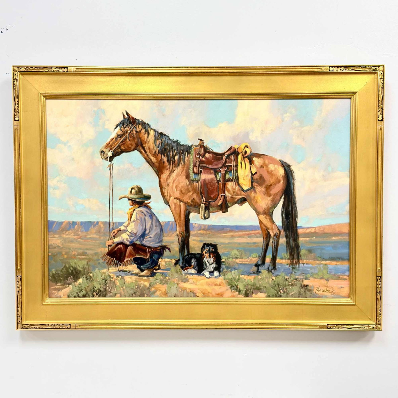 Gary Jack Thornton (American, b. 1941) West Texas Shade, Oil on Canvas: This original oil on stretched canvas painting, titled West Texas Shade, is a work by contemporary Western American artist Gary Jack Thornton. The composition features a saddled bay horse standing in 