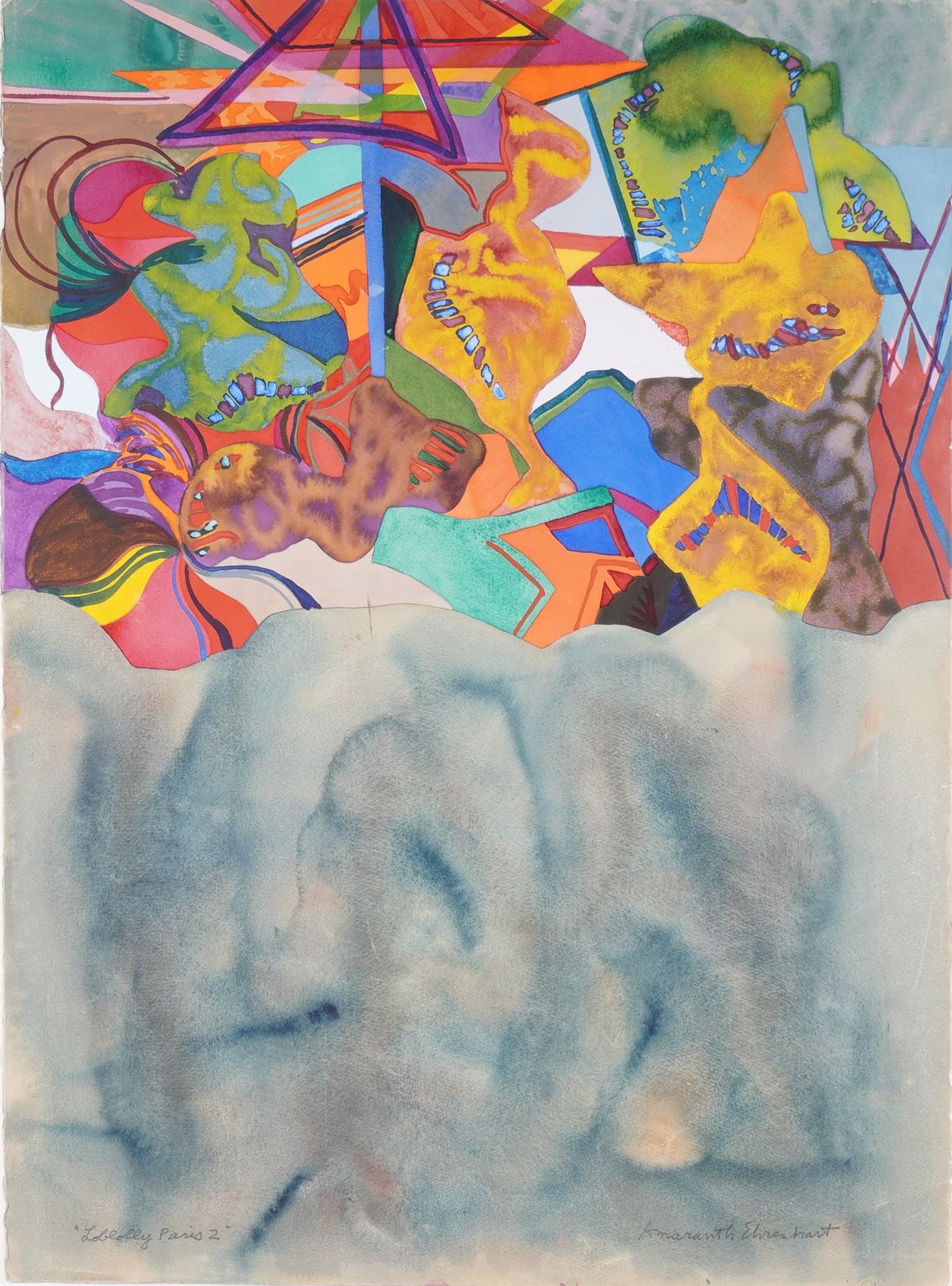 Amaranth Roslyn Ehrenhalt (American 1928-2021) Watercolor & Gouache Painting, Loblolly Paris 2,: This lyrical abstract work by Amaranth Roslyn Ehrenhalt (American, 1928-2021) is titled Loblolly Paris 2 and dates to circa 1980. The composition is executed in watercolor with opaque gouache highligh