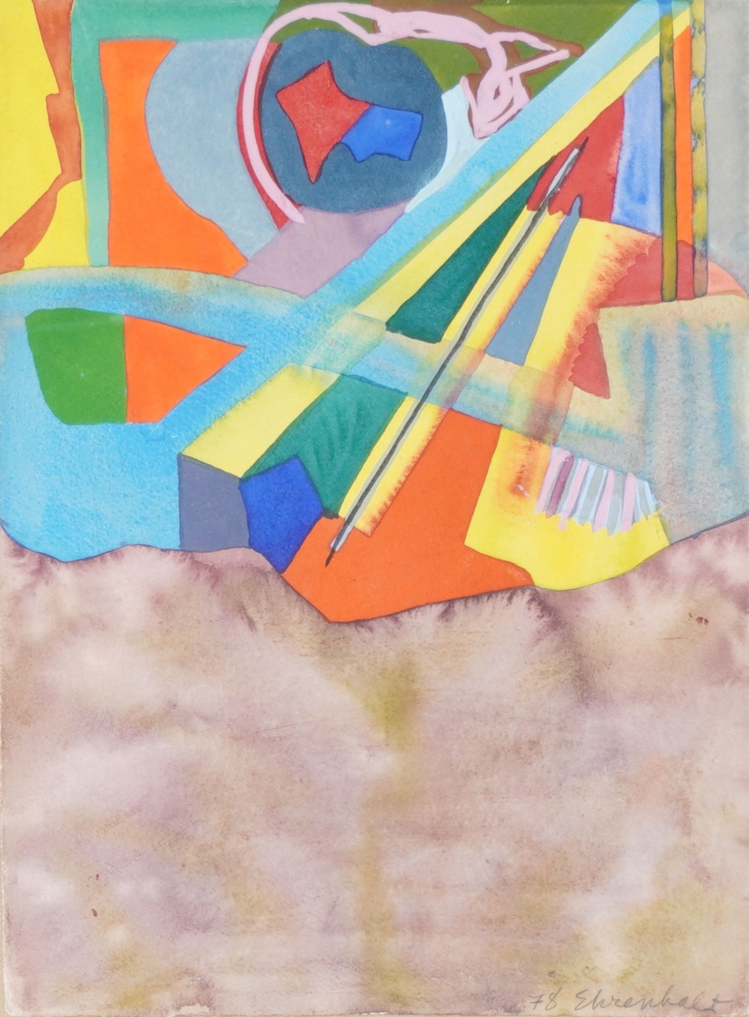 Amaranth Roslyn Ehrenhalt (American, 1928-2021) Watercolor and Gouache Painting, Signed: This modernist abstract composition by Amaranth Roslyn Ehrenhalt is executed in watercolor and opaque gouache on heavy paper with slightly irregular edges. The work displays the artist's signature sty