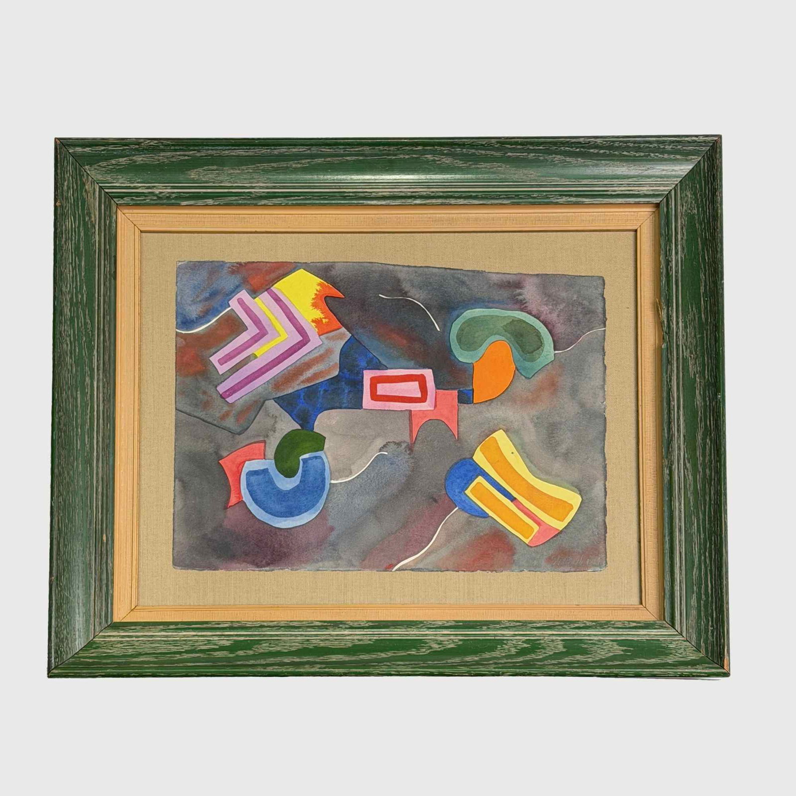 Amaranth Roslyn Ehrenhalt (American, 1928-2021) Watercolor and Gouache Painting, Signed: This original watercolor and gouache on paper is an abstract work by American artist Amaranth Roslyn Ehrenhalt, dated 1986. The composition features a dynamic arrangement of vibrant geometric and biom