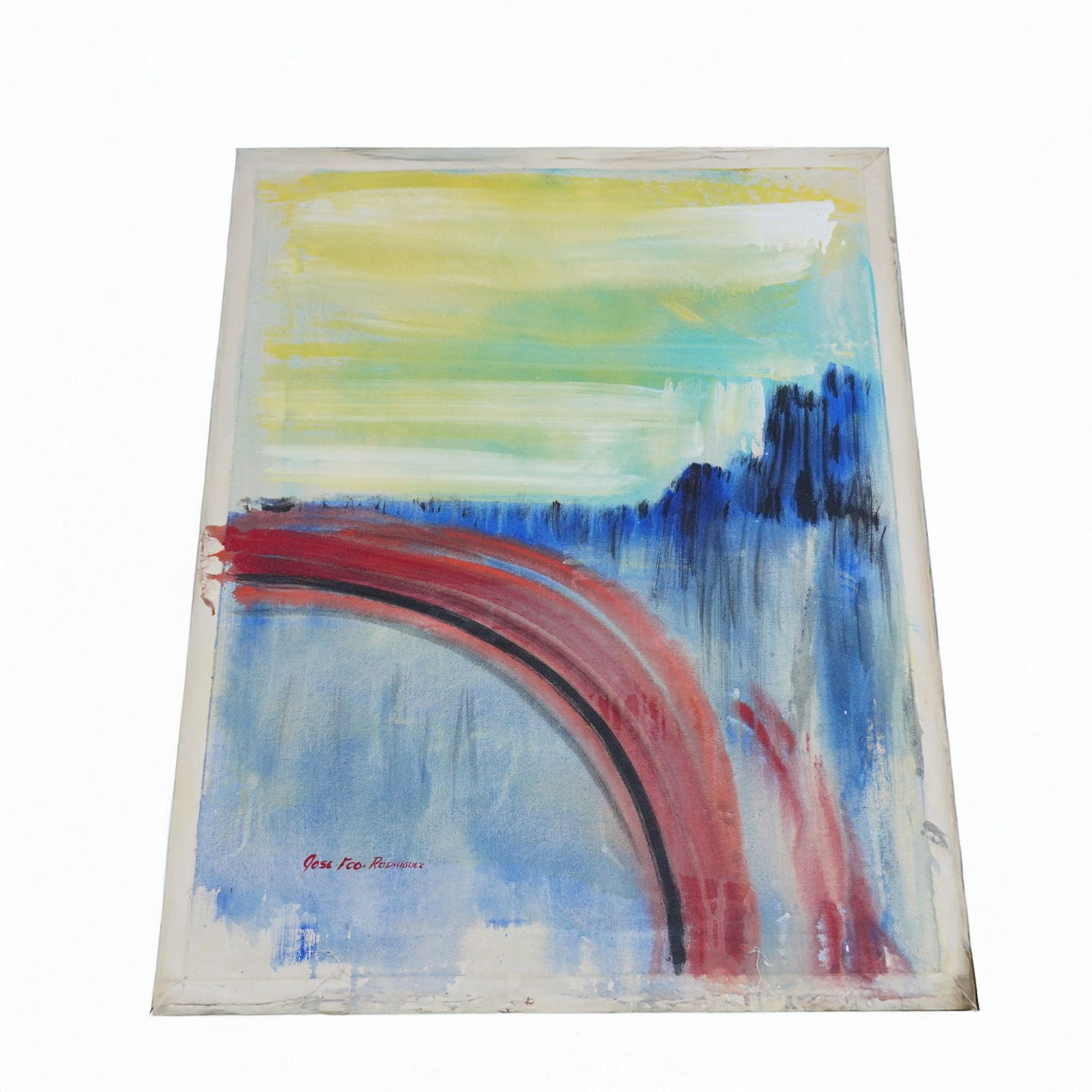 Jose Francisco Rodriguez (Mexican 20th-21st century) Abstract Oil on Canvas, Signed: An abstract composition by Jose Francisco Rodriguez in acrylic on unstretched canvas. The work is dominated by a bold, gestural red and black arc that sweeps across the lower field, set against a back