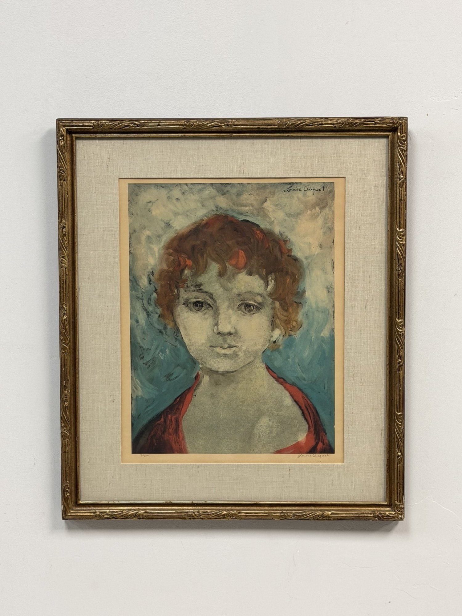 Louise August (American b. 1931), Portrait Lithograph on Paper, Signed: This lithograph on paper by Louise August depicts a portrait of a young person with curly reddish-brown hair and a red garment, rendered in a painterly style against a swirling blue and white backgrou