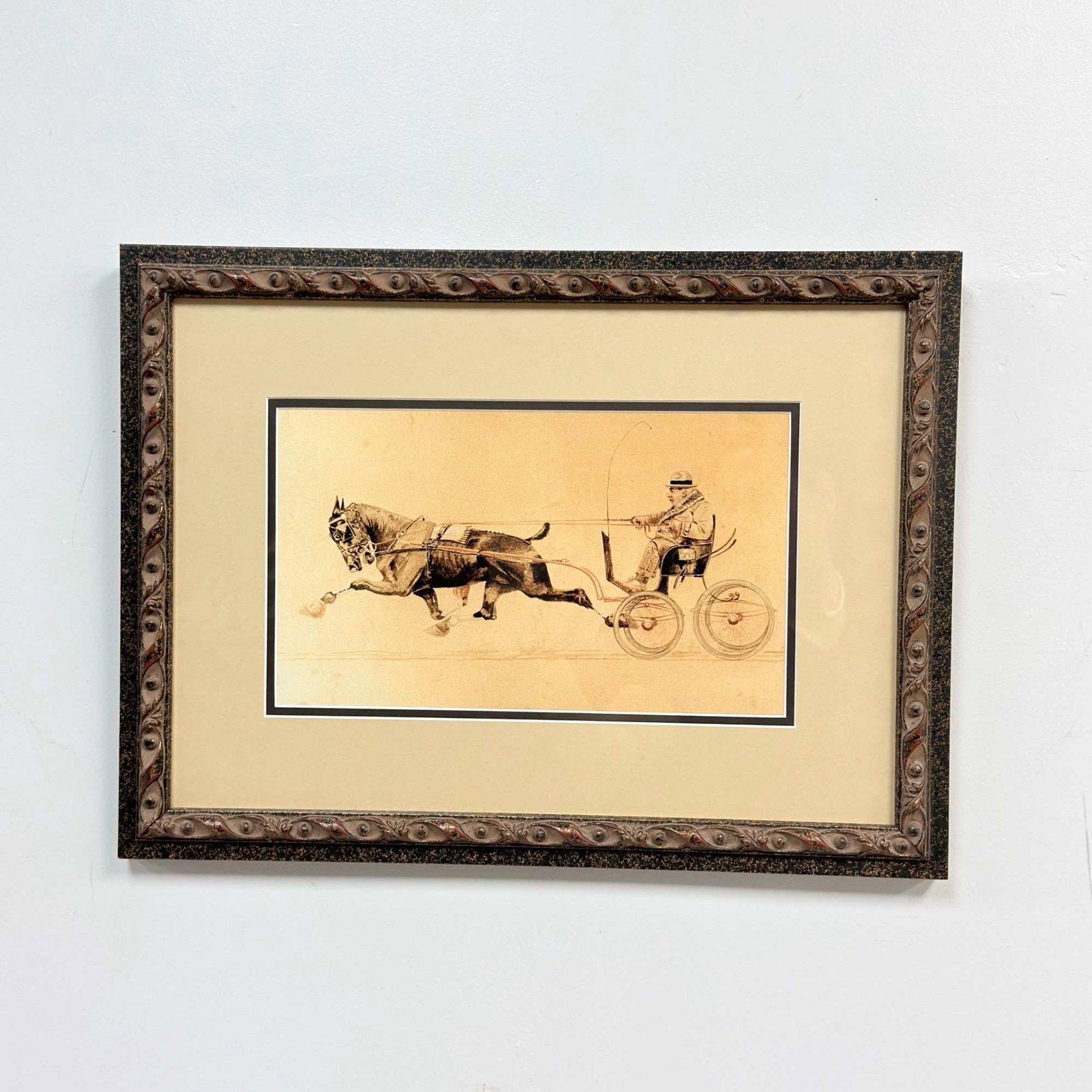 Sepia Tone Lithograph on Paper, Trotting Horse and Driver: This sepia tone lithograph on paper depicts a traditional harness racing scene featuring a trotting horse and a driver in a high-wheel sulky. The artwork is rendered in a realistic illustrative style,