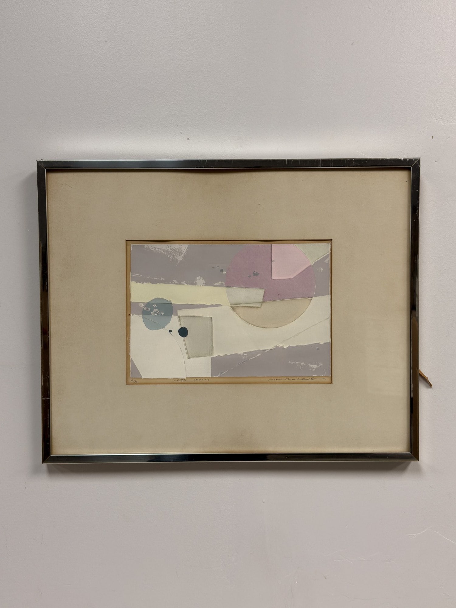 Limited Edition Minoru Saito, Late Spring, Mixed Media Collage: This limited edition mixed media collage by Minoru Saito is titled Late Spring and dated 1970. The abstract composition features overlapping geometric forms, including circular and rectangular shapes,