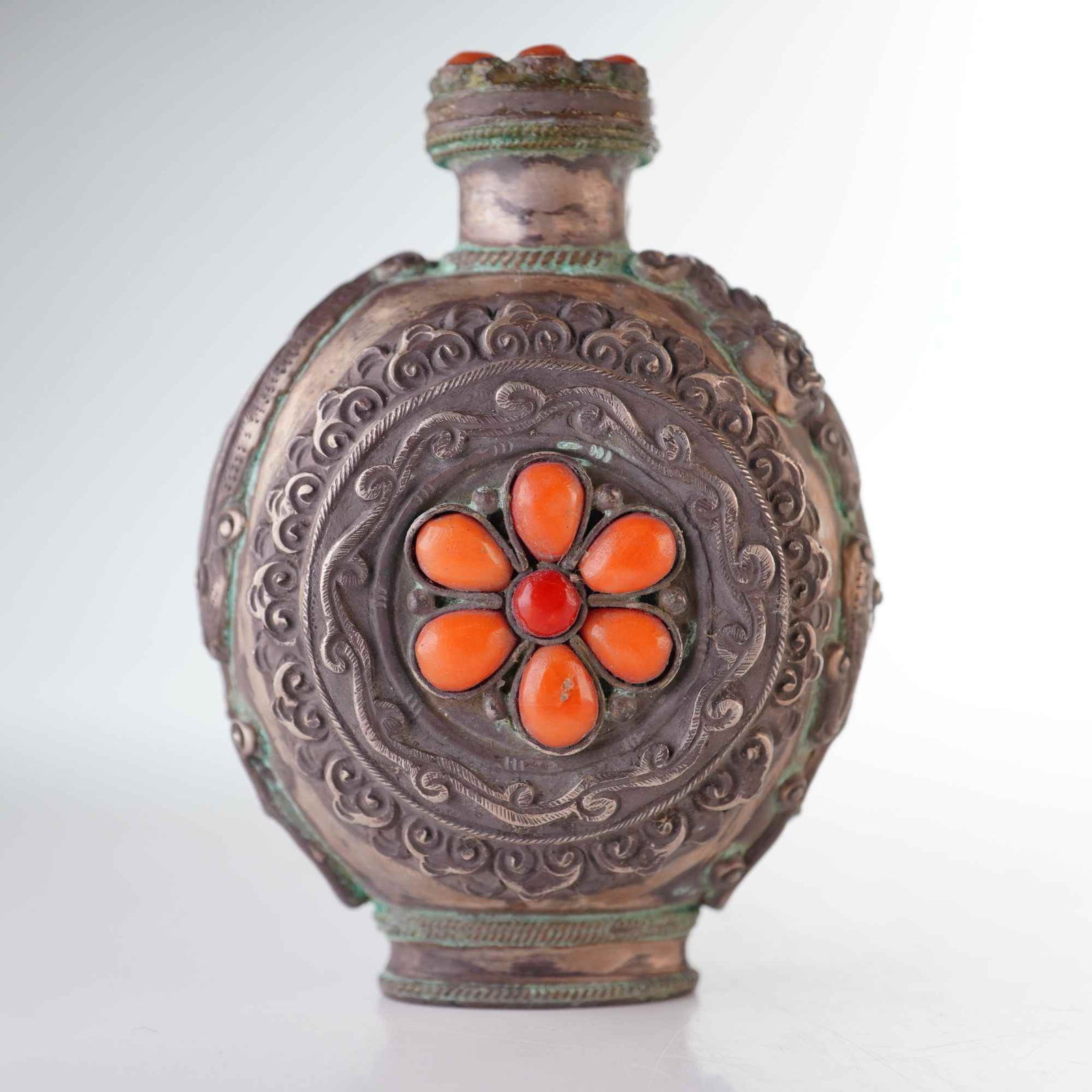 Mongolian Silver Repousse Snuff Bottle, Mandala and Chilongs (1 of 5)