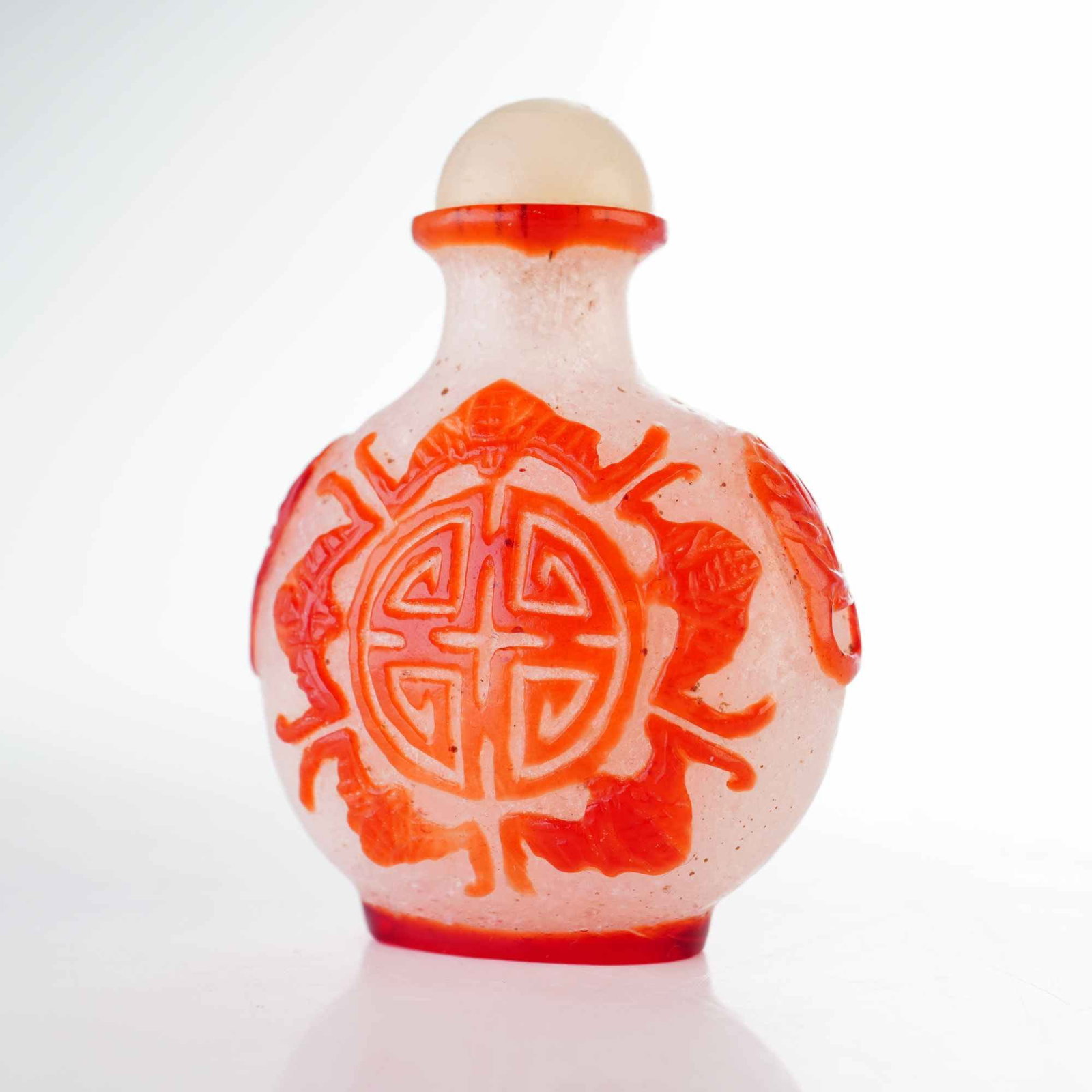 Peking Glass Snuff Bottle, Red Overlay Five Bats and Shou Wu Fu (1 of 3)