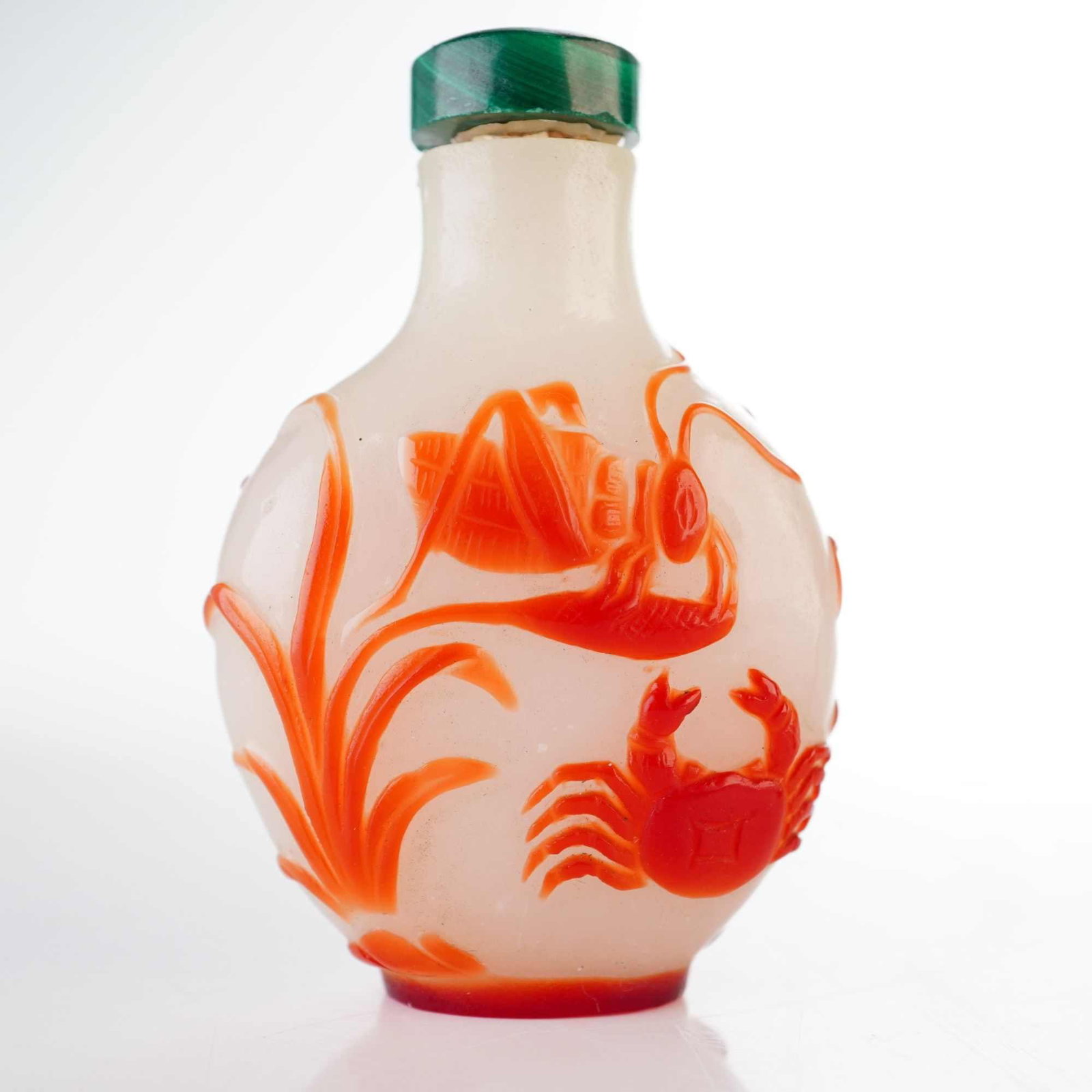 Peking Glass Snuff Bottle, Red Overlay, Fish, Crab, and Grasshopper (1 of 3)