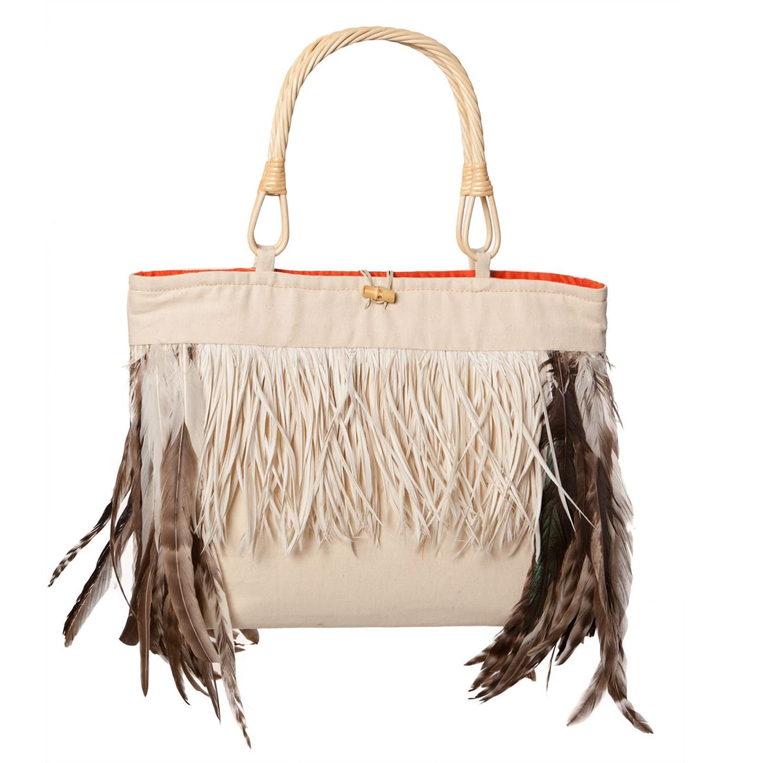 Irene Marie Angel Bag, Mary Fashion Medio: One-of-a-kind, unique creation, couture natural canvas fashion handbag with 12 inch pheasant and 8 inch bleached biot goose feathers. Lining Orange satin rayon. Handle Bleached rattan 6.5 x 7 inch. De