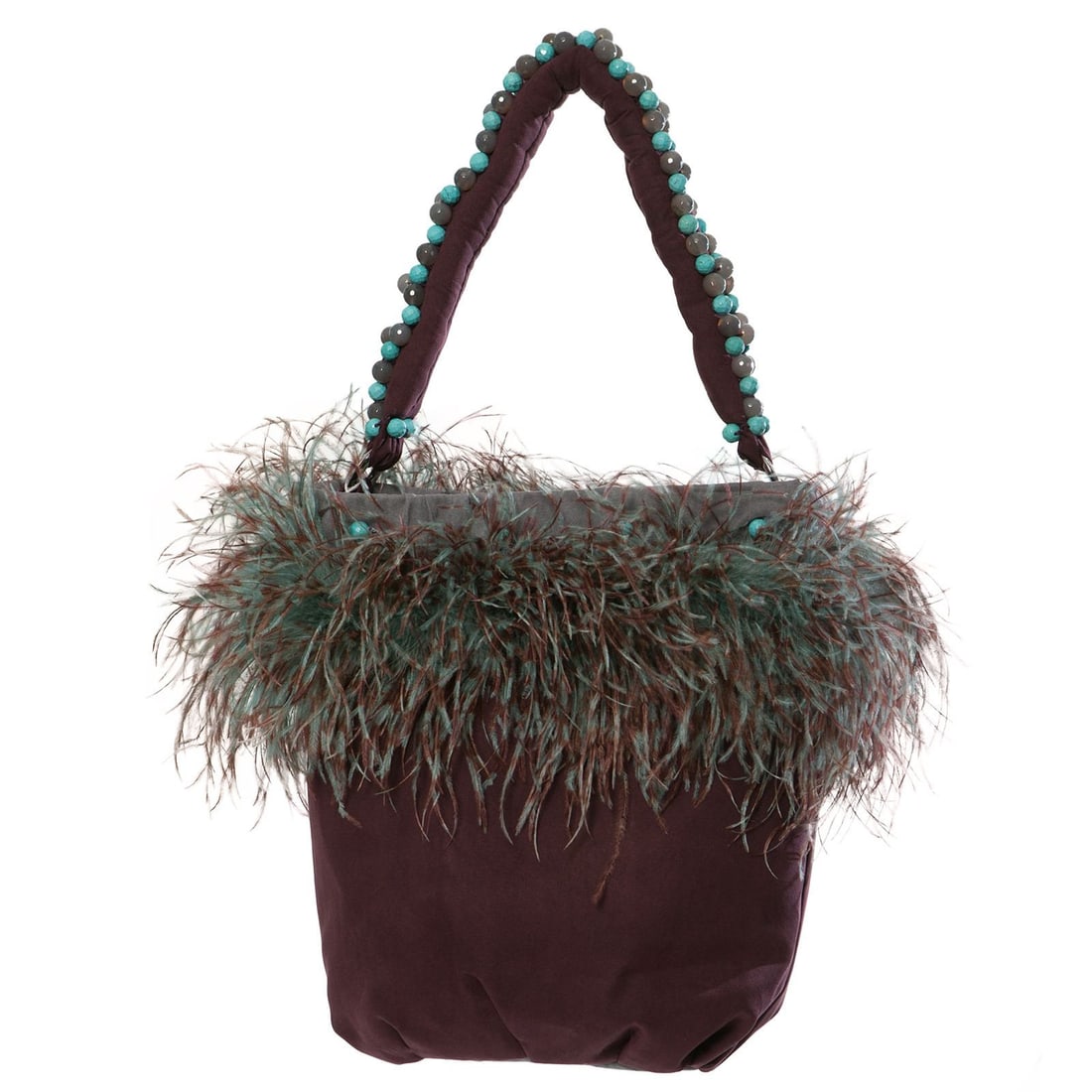 Irene Marie Angel Bag, Stephi Precious Grande: One-of-a-kind, unique creation, couture plum suede fabric precious bag with teal and plum ostrich feathers and an agate and turquoise handle. Lining Grey suede fabric. Handle Grey 14mm agates and 12mm