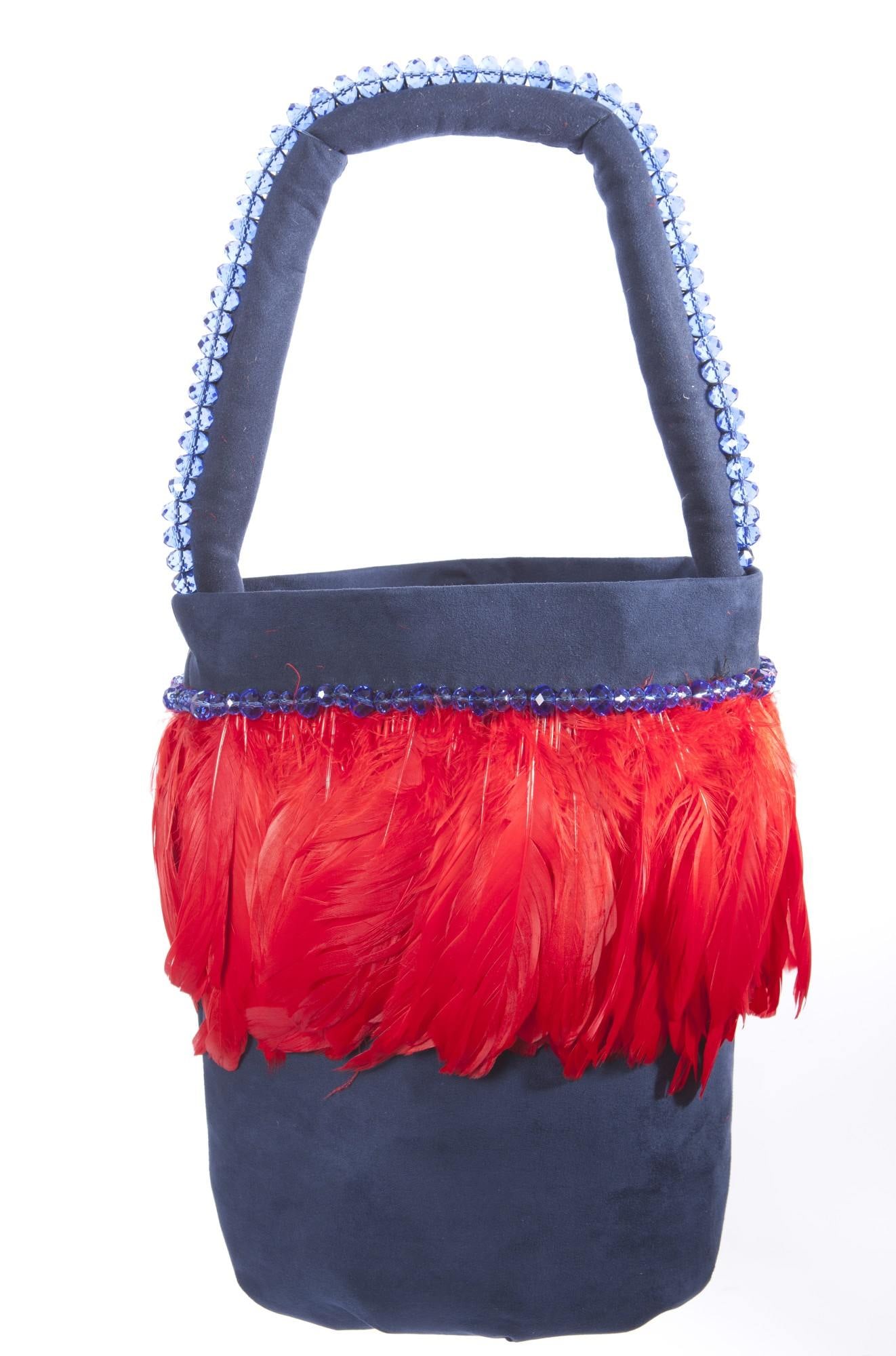 Irene Marie Angel Bag, Stephi Grande Bohemian: One-of-a-kind, unique creation, navy suede fabric, red raw silk lining, 12mm Czech faceted blue crystals, 9mm Czech faceted blue crystals on fabric handle, silver tone hardware, red coque feathers. As