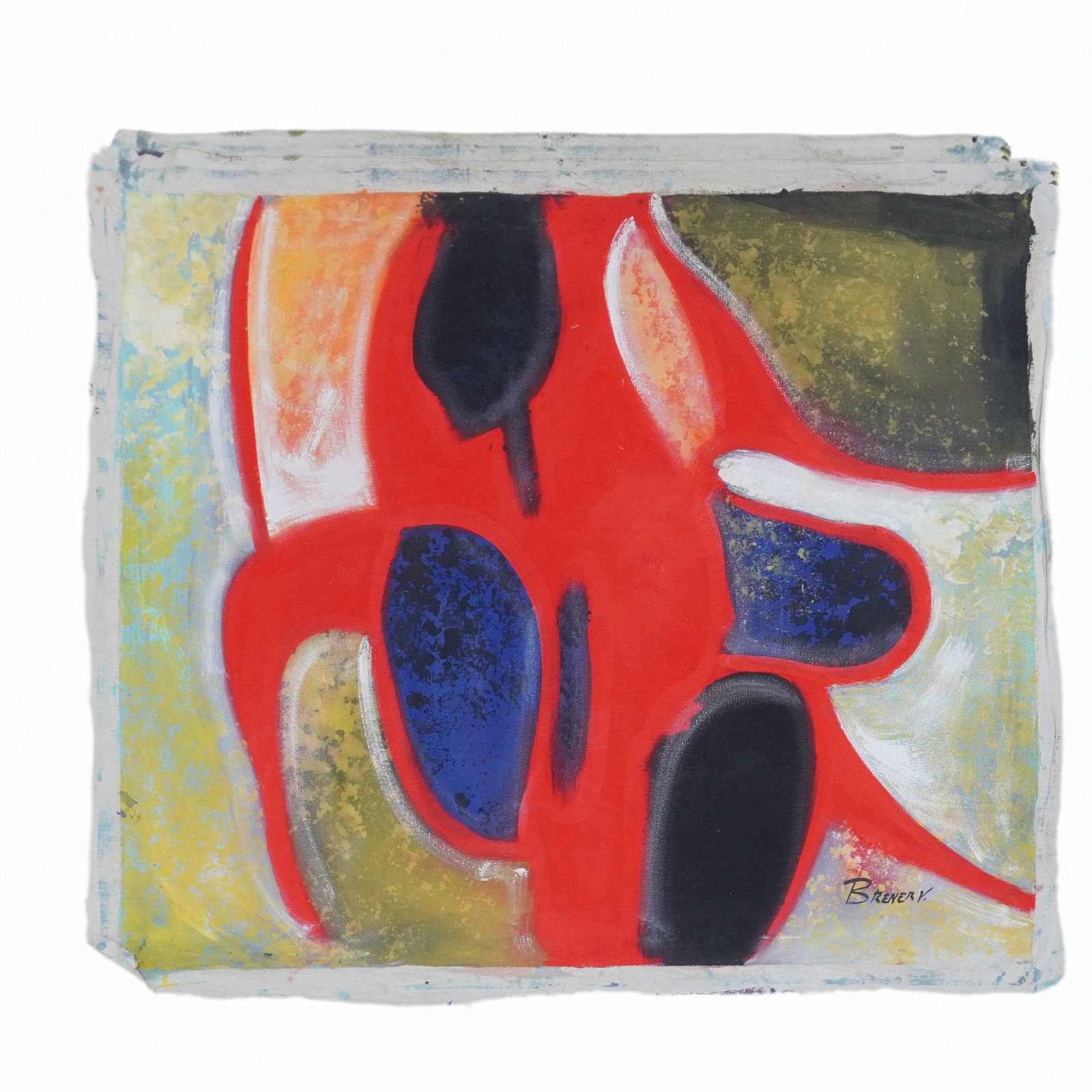 Abstract Expressionist Oil on Unstretched Canvas, Signed Brener V.: Contemporary abstract composition featuring biomorphic forms made with oil paint on an unstretched canvas. The work is styled with a central vibrant red shape interacting with deep blue and black oval