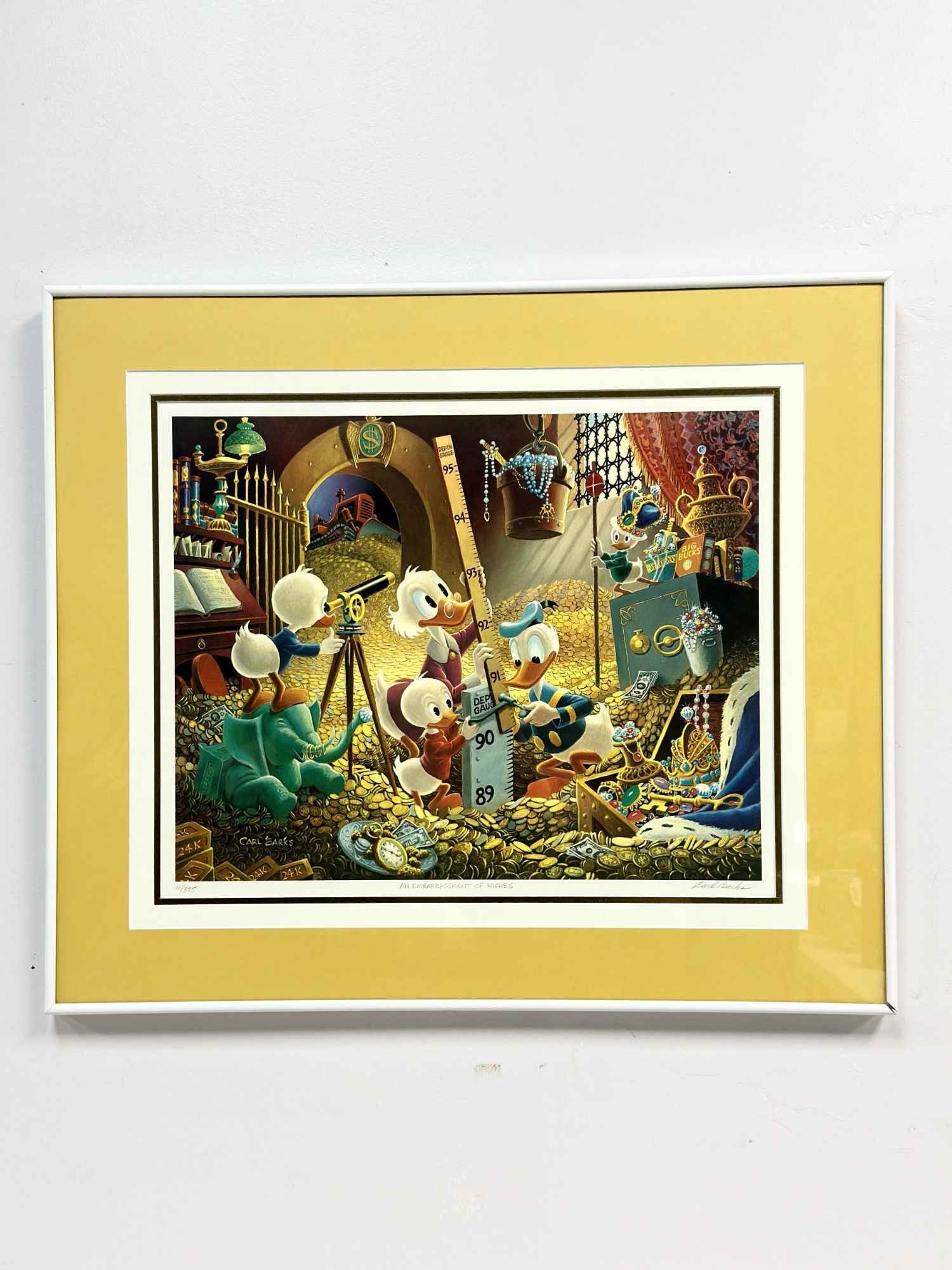 Carl Barks (American, 1901-2000) Colored Lithograph, An Embarrassment of Riches, Signed: This color lithograph, titled An Embarrassment of Riches, is a limited edition work featuring iconic Disney characters Scrooge McDuck, Donald Duck, and his nephews Huey, Dewey, and Louie inside the le