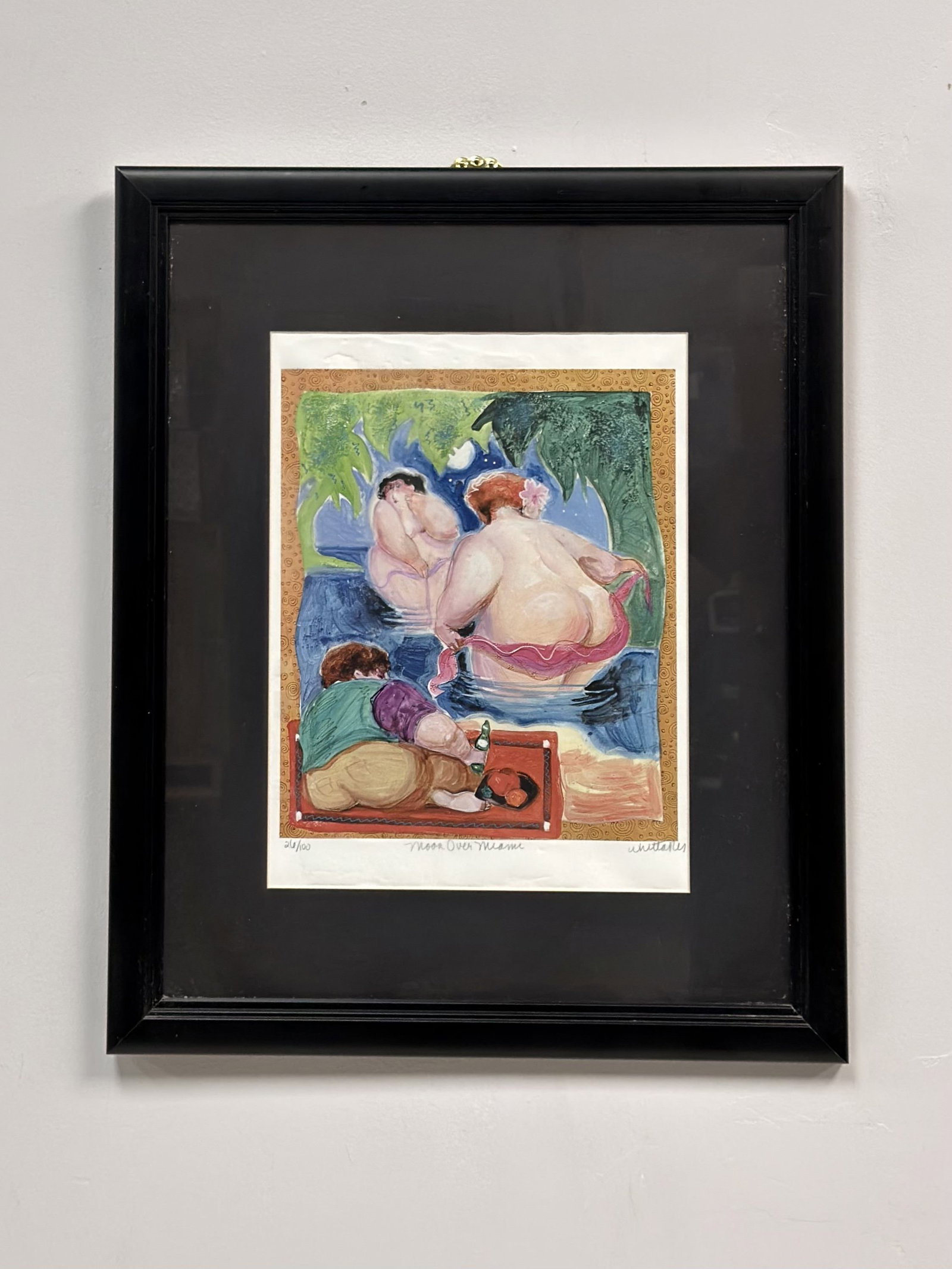 Whittaker, Moon Over Miami, Lithograph on Paper, 26/100: This lithograph on paper by Whittaker is titled Moon Over Miami and is numbered 26/100. The artwork depicts a whimsical nocturnal scene featuring three stylized, voluminous figures. Two figures are sh