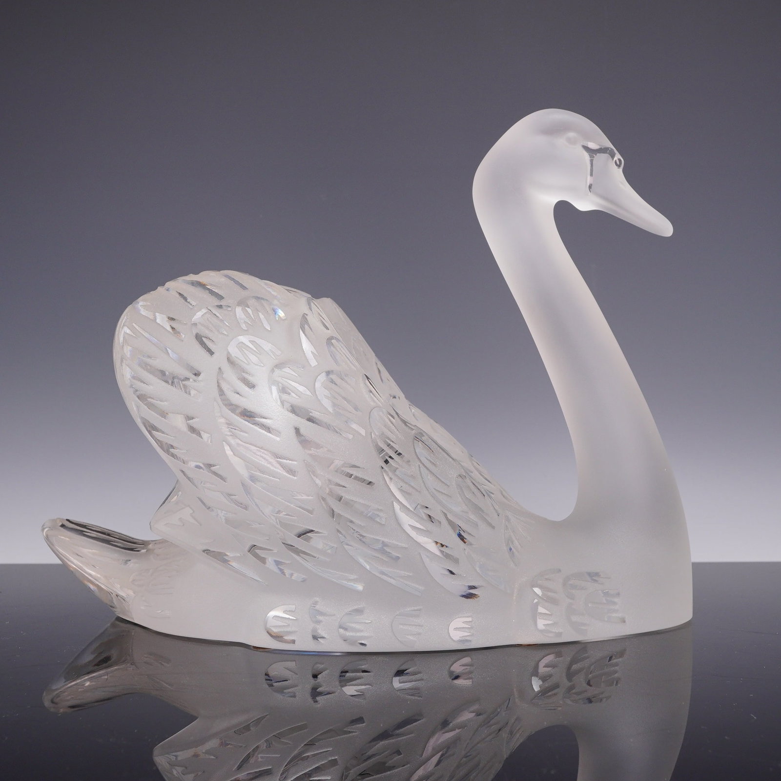 Lalique France Large Clear and Frosted Crystal Swan Head Up Sculpture: A large Lalique crystal sculpture of a sitting swan, specifically the Cygne, T?te Haute or Swan, Head Up model. The figurine is crafted from lead crystal using a combination of frosted and clear finis