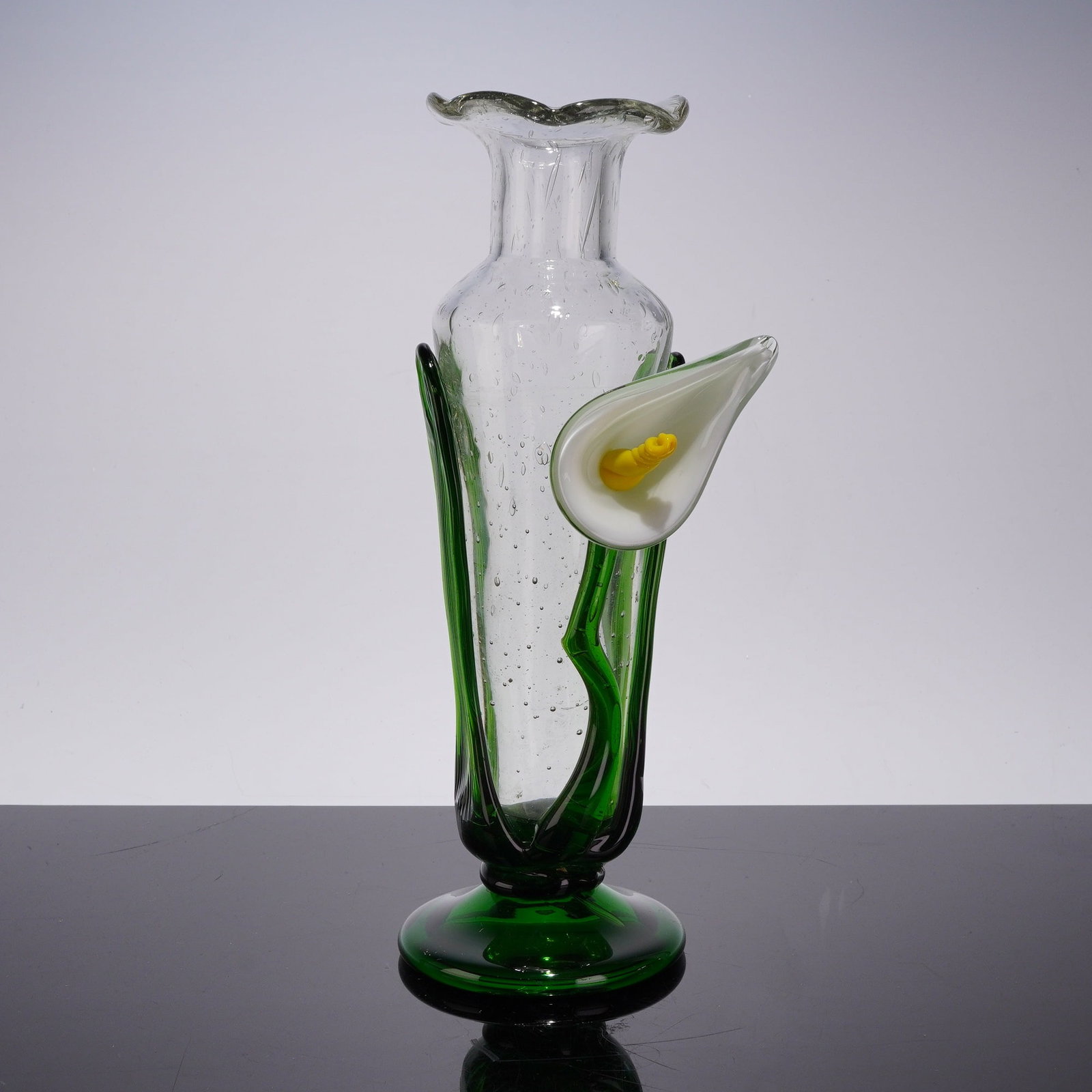 Hand-Blown Bubble Art Glass Vase with Applied Calla Lily Floral Feature (1 of 3)
