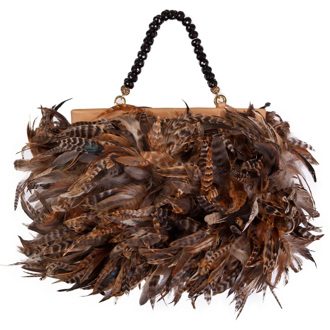Irene Marie Angel Bag, Mary Precious Medio Leather: One-of-a-kind, unique creation, couture tan leather precious handbag with 6 inch natural schlappen feathers and a black obsidian beaded handle. Lining Black and brown leopard rayon satin. Handle Black