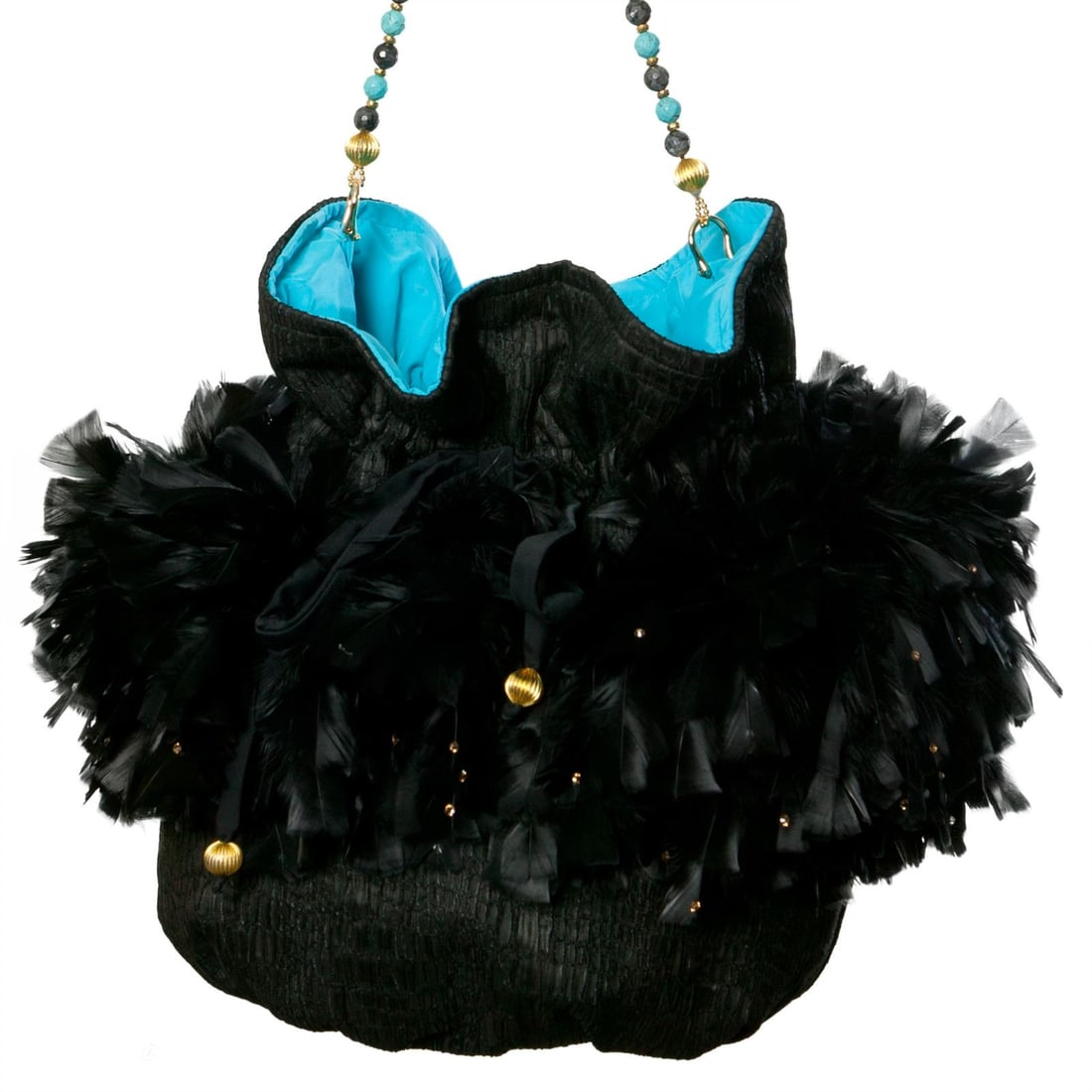 Irene Marie Angel Bag, Stephi Precious Grande: One-of-a-kind, unique creation, couture black brocade precious handbag with black French cut chandelle and gold Swarovski crystal tip feathers. Lining Turquoise taffeta rayon. Handle Turquoise 14mm be