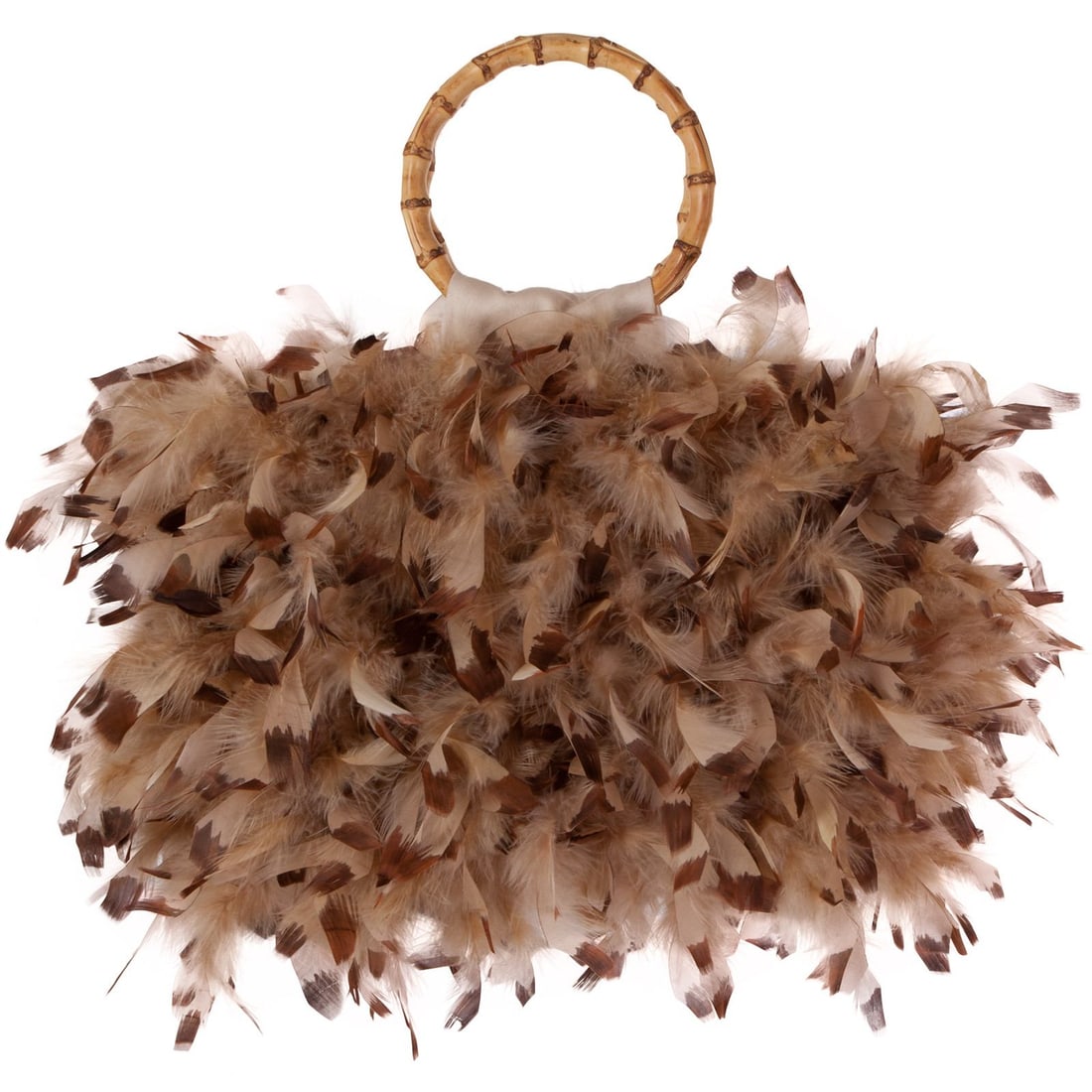 Irene Marie Angel Bag, Mary Retro Medio: One-of-a-kind, unique creation, couture beige retro handbag with camel and brown tip chandelle feathers and a wooden bamboo handle. Lining Beige satin rayon. Handle Wooden bamboo. Size The Medio 13 x 