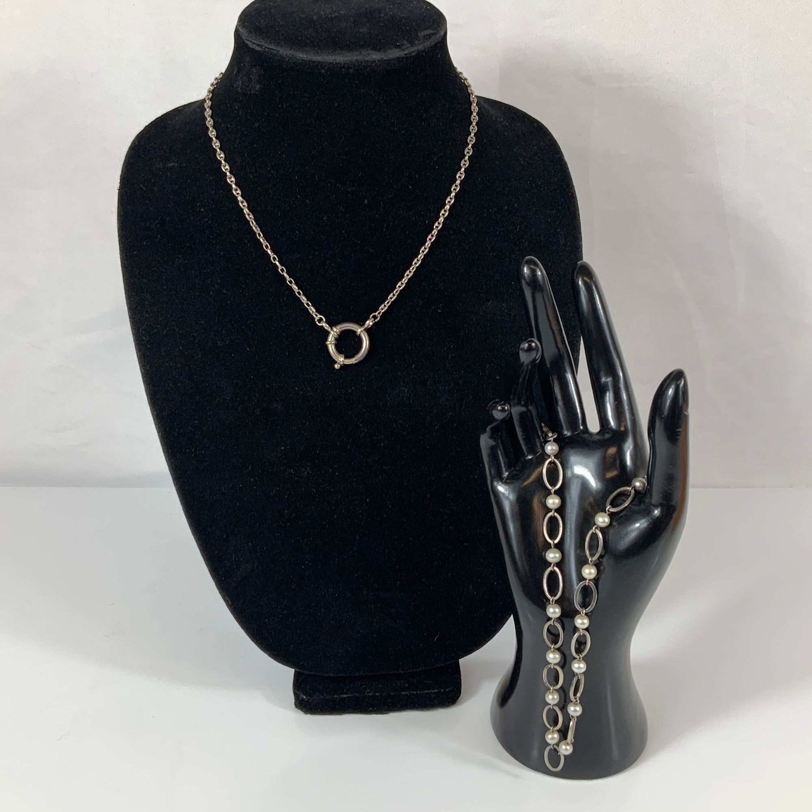 Two 925 Sterling Silver Necklaces Including a Sailor Clasp Chain and a Pearl Station Necklace (1 of 3)