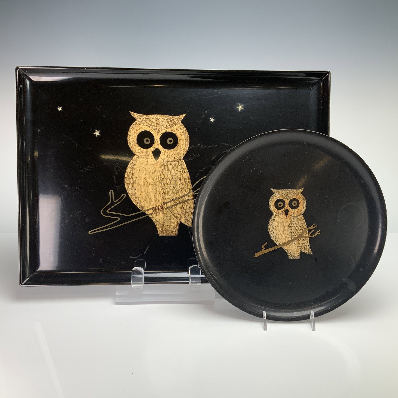 Two Couroc Black Lacquer Round and Rectangle Trays with Inlaid Owl Design (1 of 3)