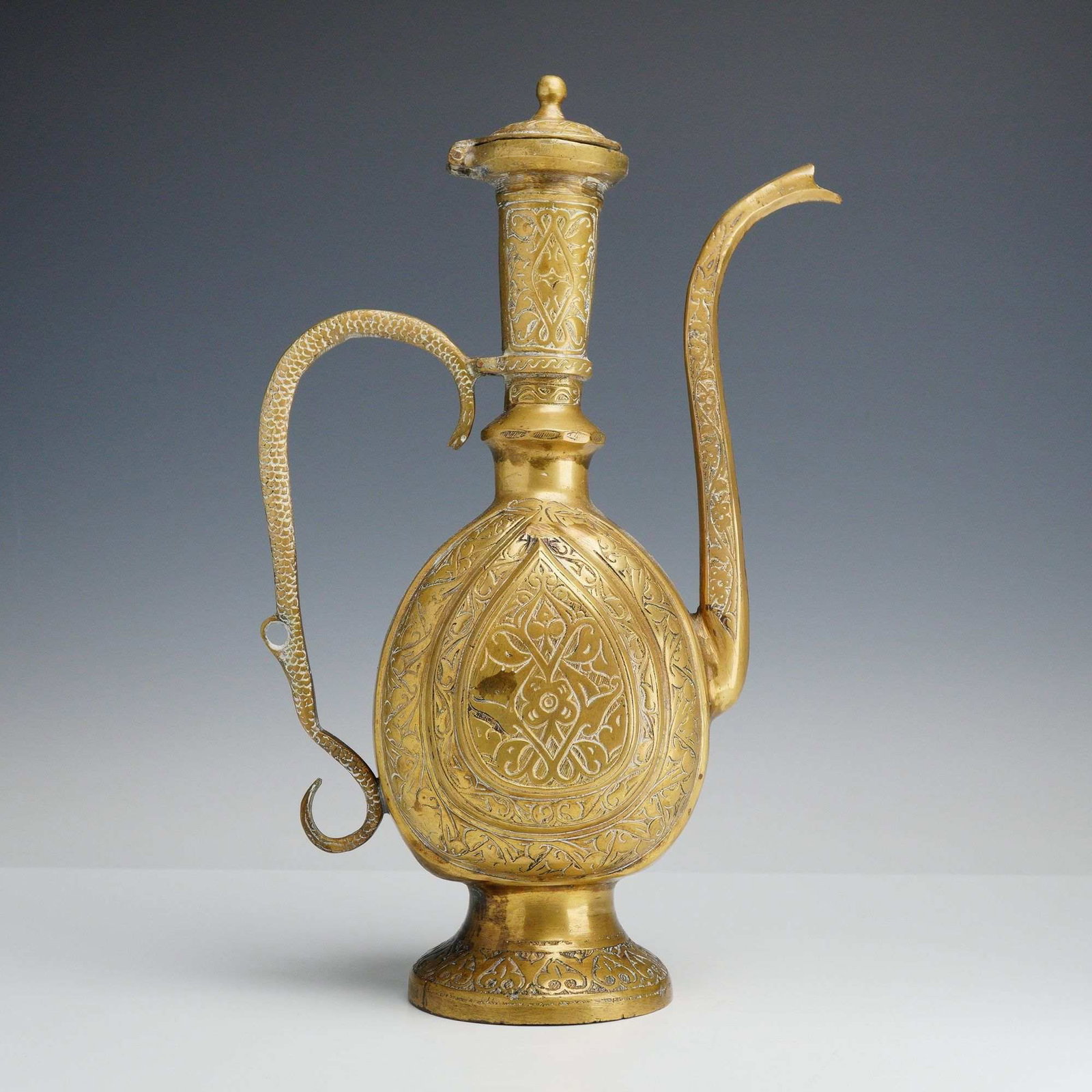 Engraved Brass Arabian Coffee Pot with Serpent Form Handle (1 of 3)