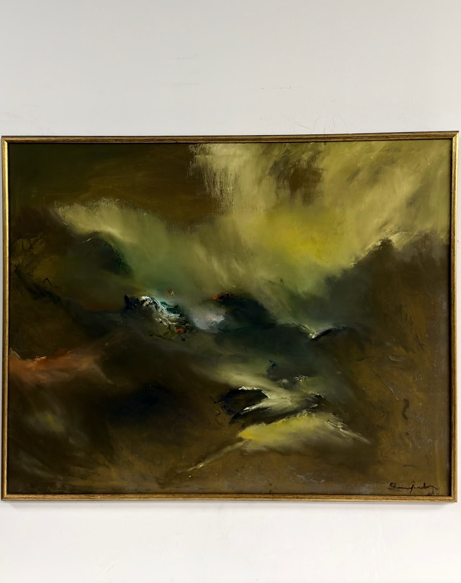 Shim Grudin (American, 1913-1979) Oil on Canvas Painting, Abstract Landscape, Signed: This atmospheric abstract landscape is an oil on canvas painting by the American artist Shim Grudin (1913-1979). The work is executed in an Abstractionist style with a palette of umber, olive green, a