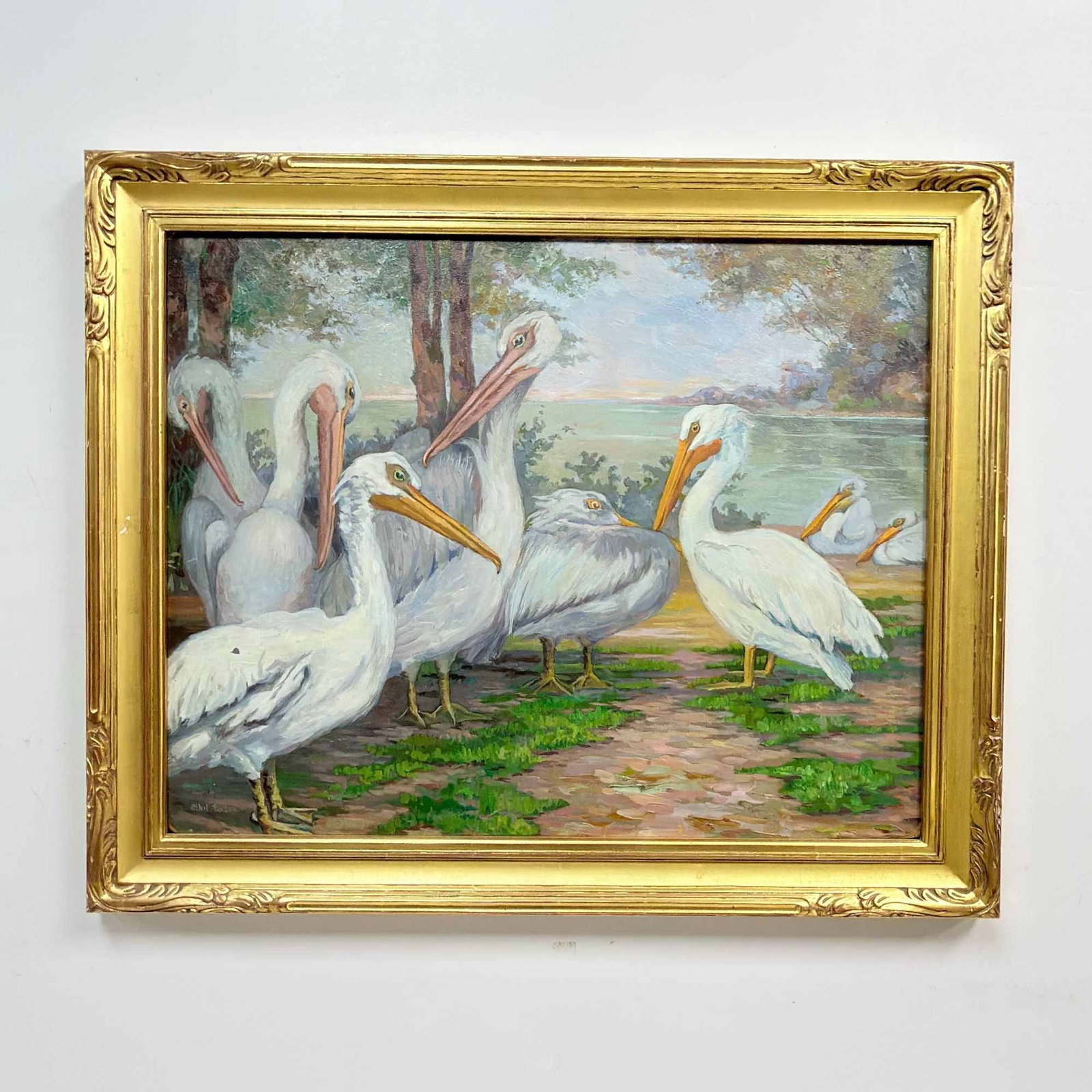 Ethel Easton Paxson (American, 1885-1982) Oil on Board, Pelicans by the Water: An oil on board painting by Ethel Easton Paxson (American, 1885-1982) depicting a group of American white pelicans congregated on a shoreline beside a body of water. The work is executed in an Impress