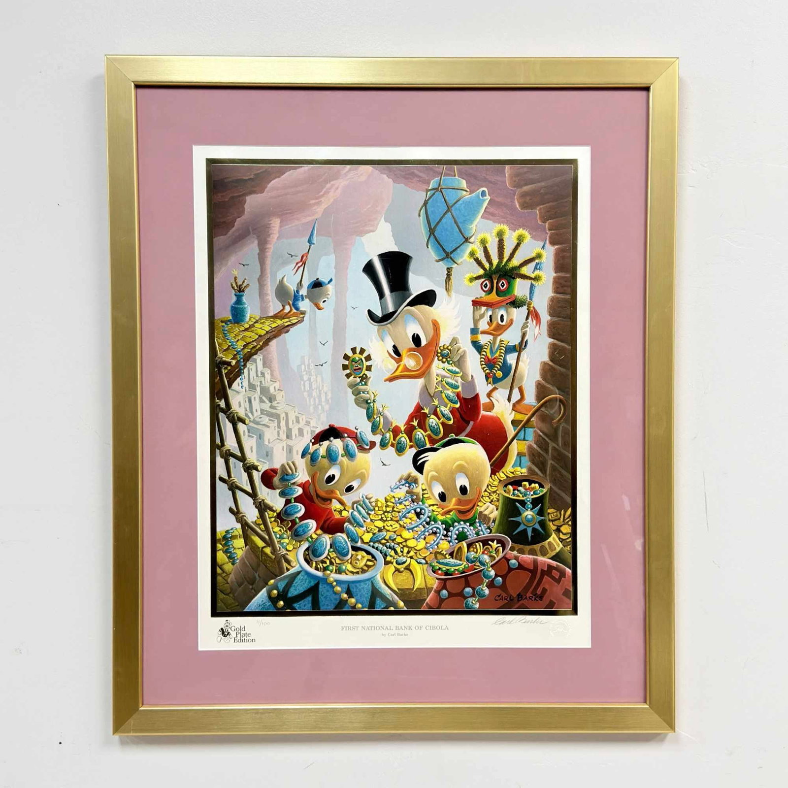 Carl Barks (American 1901-2000) Gold Plate Edition Lithograph, First National Bank of Cibola: Lithograph on opalescent embossed paper, titled First National Bank of Cibola, is by the American artist and Disney cartoonist Carl Barks. The composition is based on Barks' original oil painting and 