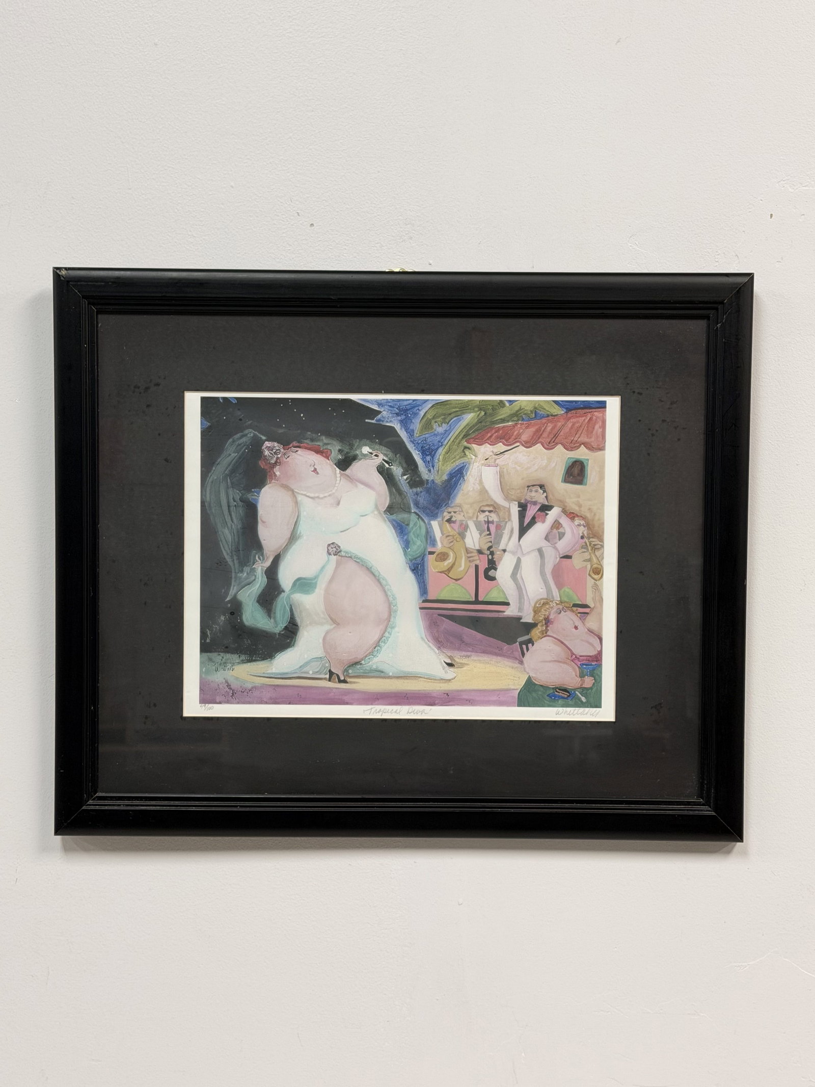 Whittaker, Tropical Diva, Limited Edition Lithograph, 49/100: This limited edition lithograph on paper is titled Tropical Diva by the artist Whittaker. The composition depicts a whimsical, caricatured scene featuring several voluptuous figures in a vibrant night