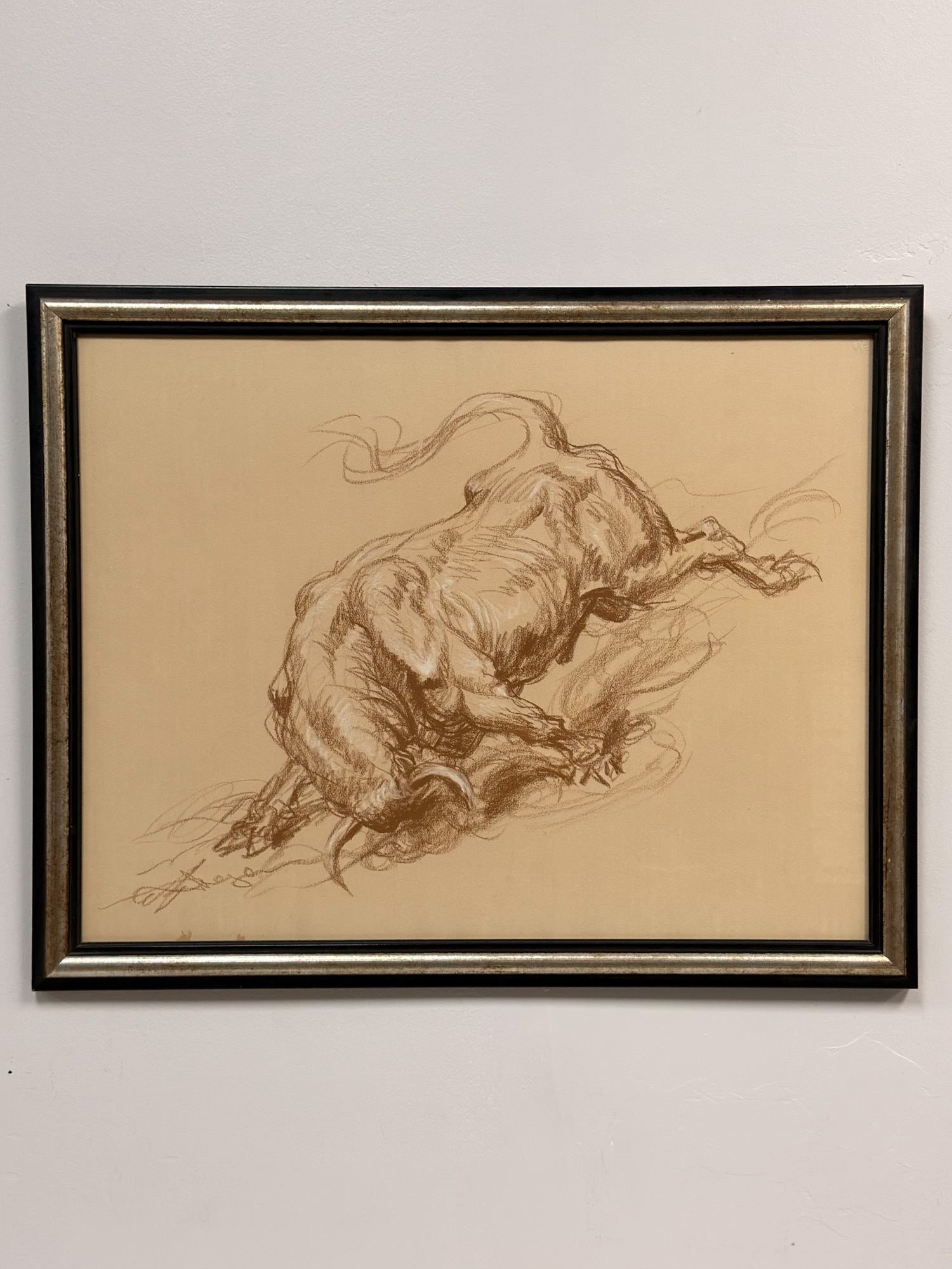 Gustav Rehberger (American, 1910-1995), Wax Crayon Drawing, Charging Bull, Signed: This expressionistic drawing by Gustav Rehberger, titled Charging Bull, is executed in brown wax crayon with white heightening on toned wove paper. The composition depicts a powerful charging bull thr