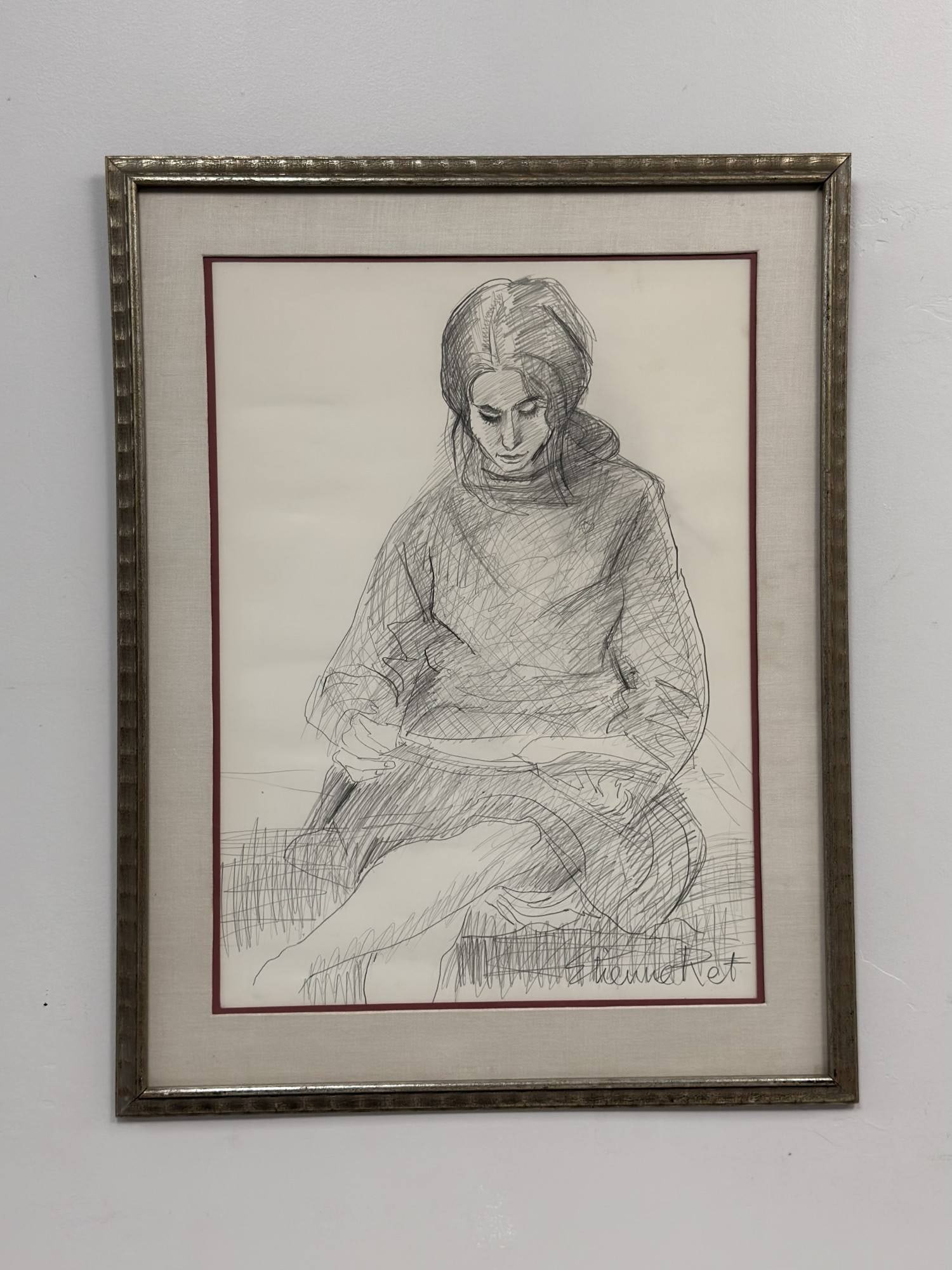 Etienne Ret (French-American, 1900-1996), Seated Woman, Graphite on Paper: This original graphite drawing on wove paper is by the French-American artist Etienne Ret (1900-1996). The work depicts a seated woman in a contemplative pose, looking downward, rendered in an express