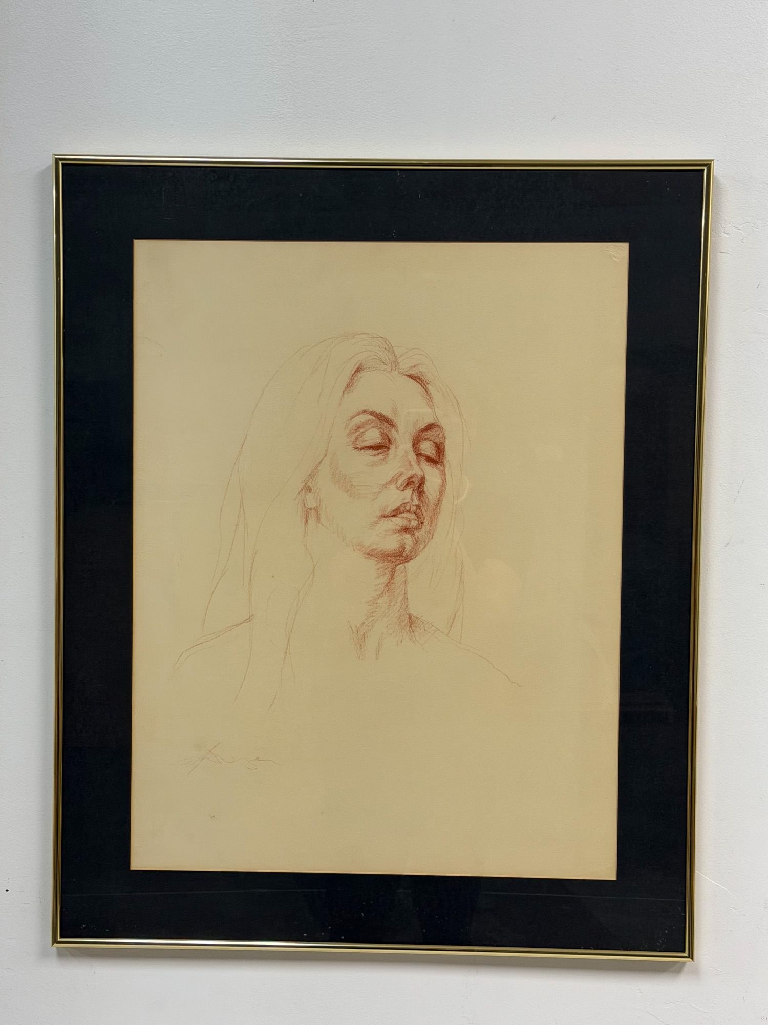 Gustav Rehberger (Austrian-American, 1910-1995) Sanguine Wax Crayon on Paper, Signed: This work by Gustav Rehberger (Austrian-American, 1910-1995) is a bust-length portrait of a woman executed in sanguine wax crayon on toned wove paper. The subject is rendered in a realist style with e