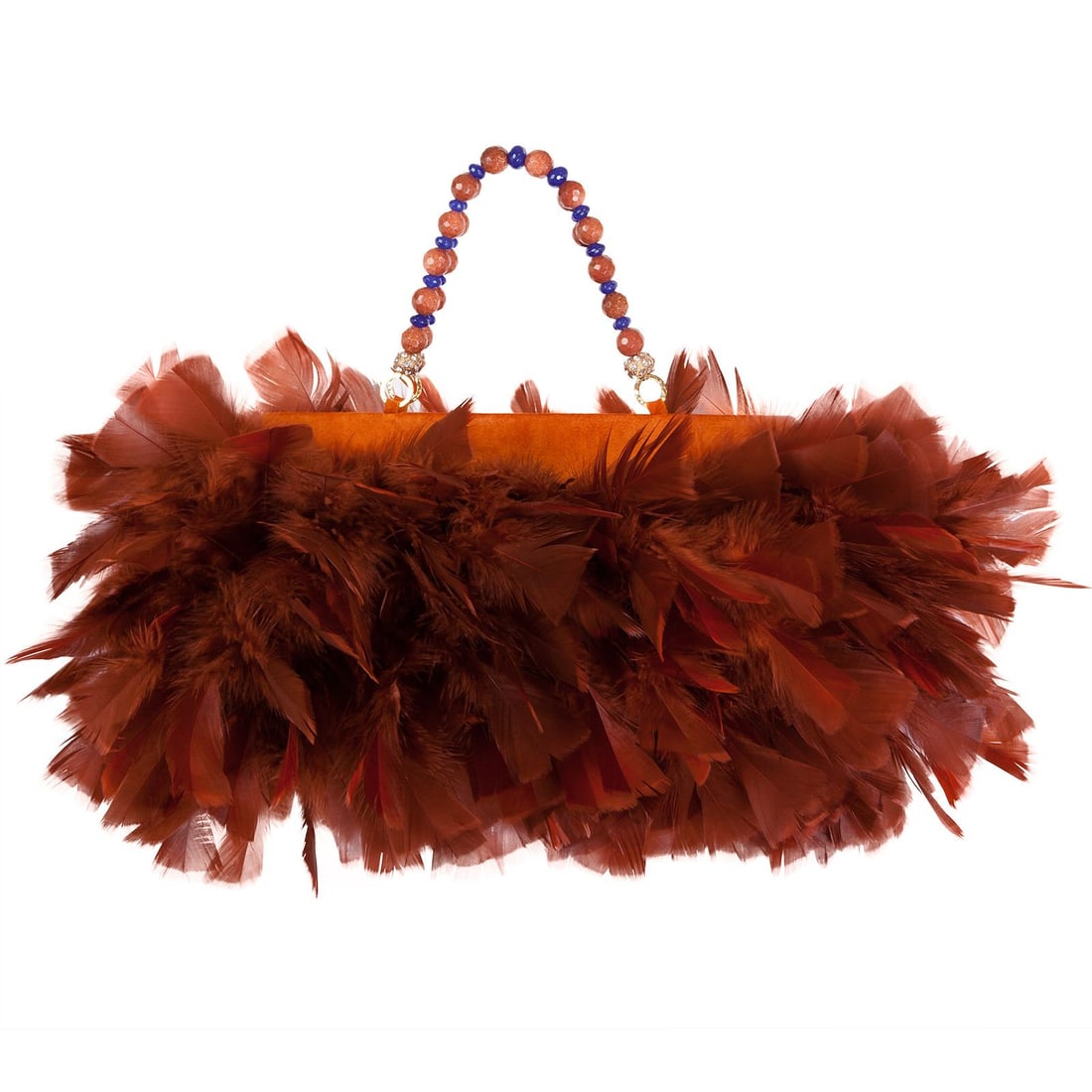 Irene Marie Angel Bag, Mary Precious Petite Leather: One-of-a-kind, unique creation, couture caramel suede precious leather handbag with caramel brown French cut chandelle feathers and an aventurine and crystal beaded handle. Lining Brown leopard print.