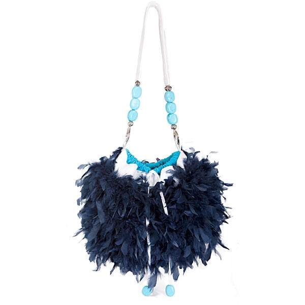 Irene Marie Angel Bag, Stephi Precious Super Leather: One-of-a-kind, unique creation, couture white patent leather precious draw string handbag with midnight blue chandelle feathers and large turquoise stone handle. Lining Turquoise cotton. Handle Turquo