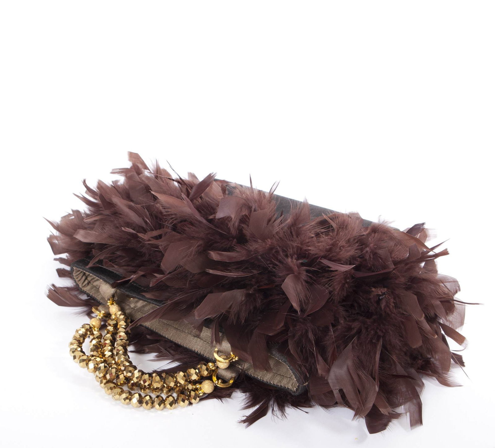Irene Marie Angel Bag, Mary Petite: One-of-a-kind, unique creation, 14mm gold faceted crystals, gold tone hardware, dark brown silk rayon outer, light brown silk rayon lining, cocoa brown chandelle feathers. I am the Angel of Sweetness.