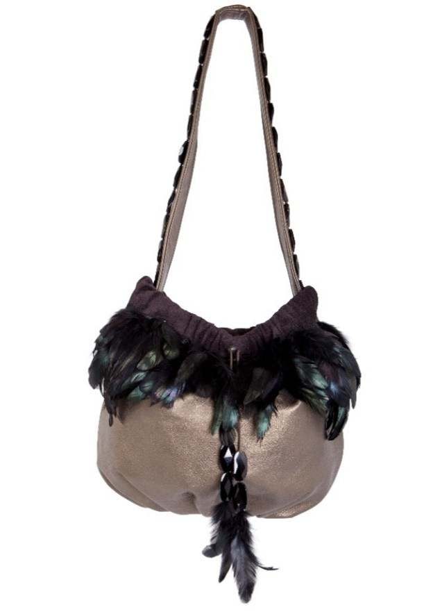 Irene Marie Angel Bag, Stehi Grande Precious Leather: One-of-a-kind, unique creation, 35x20mm Black Faceted Oval Onyx with Green Metallic Leather and Black Coque Feathers with Green Iridescent Tips. Black with Green Tips " Angel of the Forest - Your blac