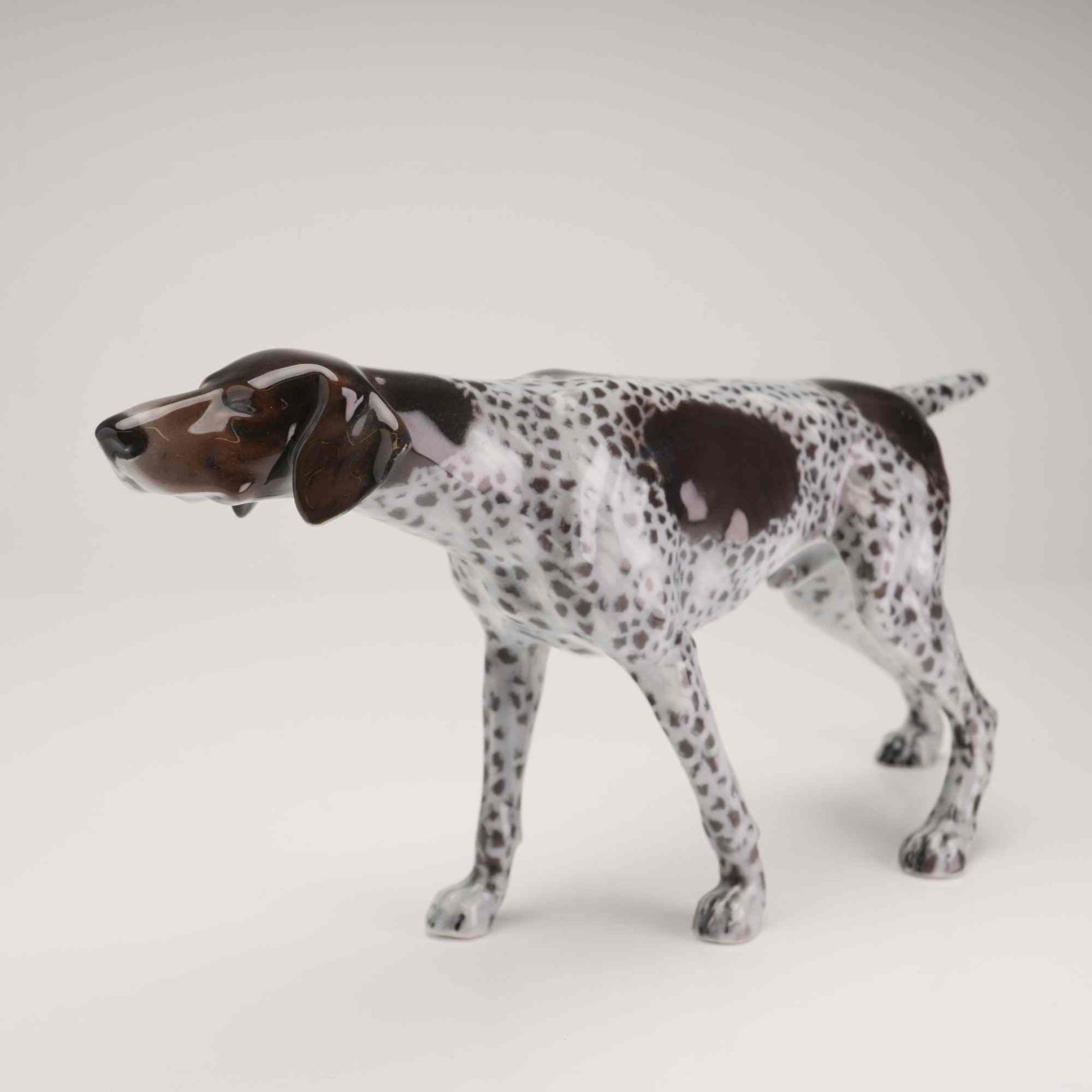 Rosenthal Porcelain German Shorthaired Pointer Figurine: A Rosenthal glazed porcelain figurine of a male German Shorthaired Pointer dog, depicted in a classic on-point hunting stance. The figure is realistically modeled with anatomical precision, featuring 