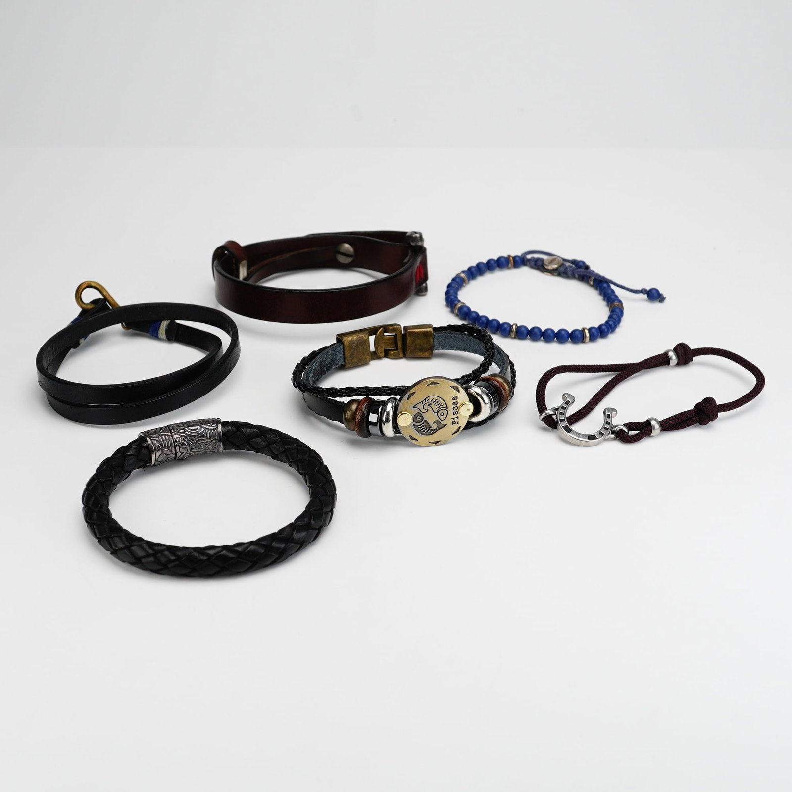 6pc Assortment of Leather, Bead, and Cord Bracelets including Fossil (1 of 5)