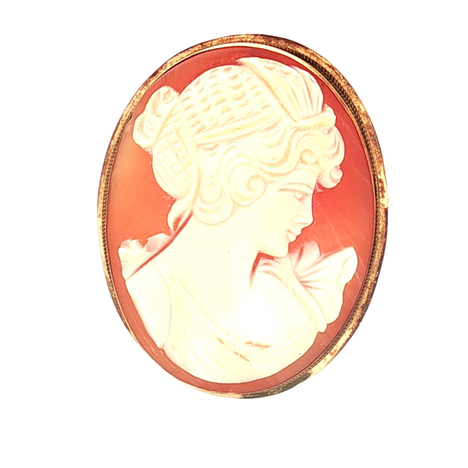 Italian 18K Gold Cameo Brooch Pendant: A relief hand-carved shell cameo depicting a classical woman, set in an 18K yellow gold frame. The reverse features a bail, allowing it to be worn as a pendant or brooch. It is marked 750, a star hall