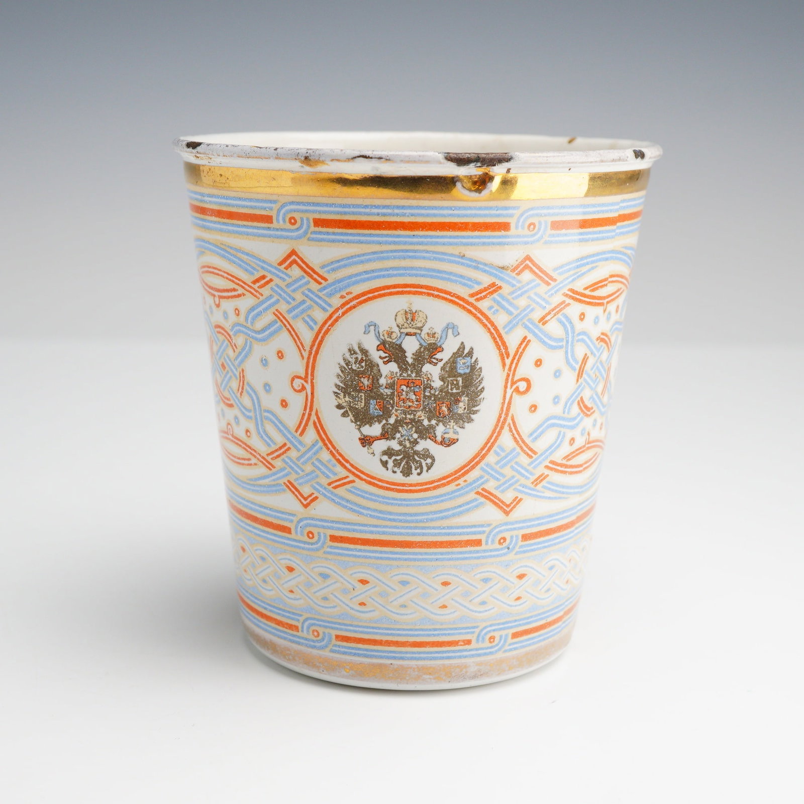 Imperial Russian Enamel 1896 Coronation Cup of Sorrows Russian Tumbler: This Imperial Russian enamel commemorative beaker, commonly known as a Cup of Sorrows or Khodynka Cup, was produced for the 1896 coronation of Tsar Nicholas II. The russian tumbler is constructed of e