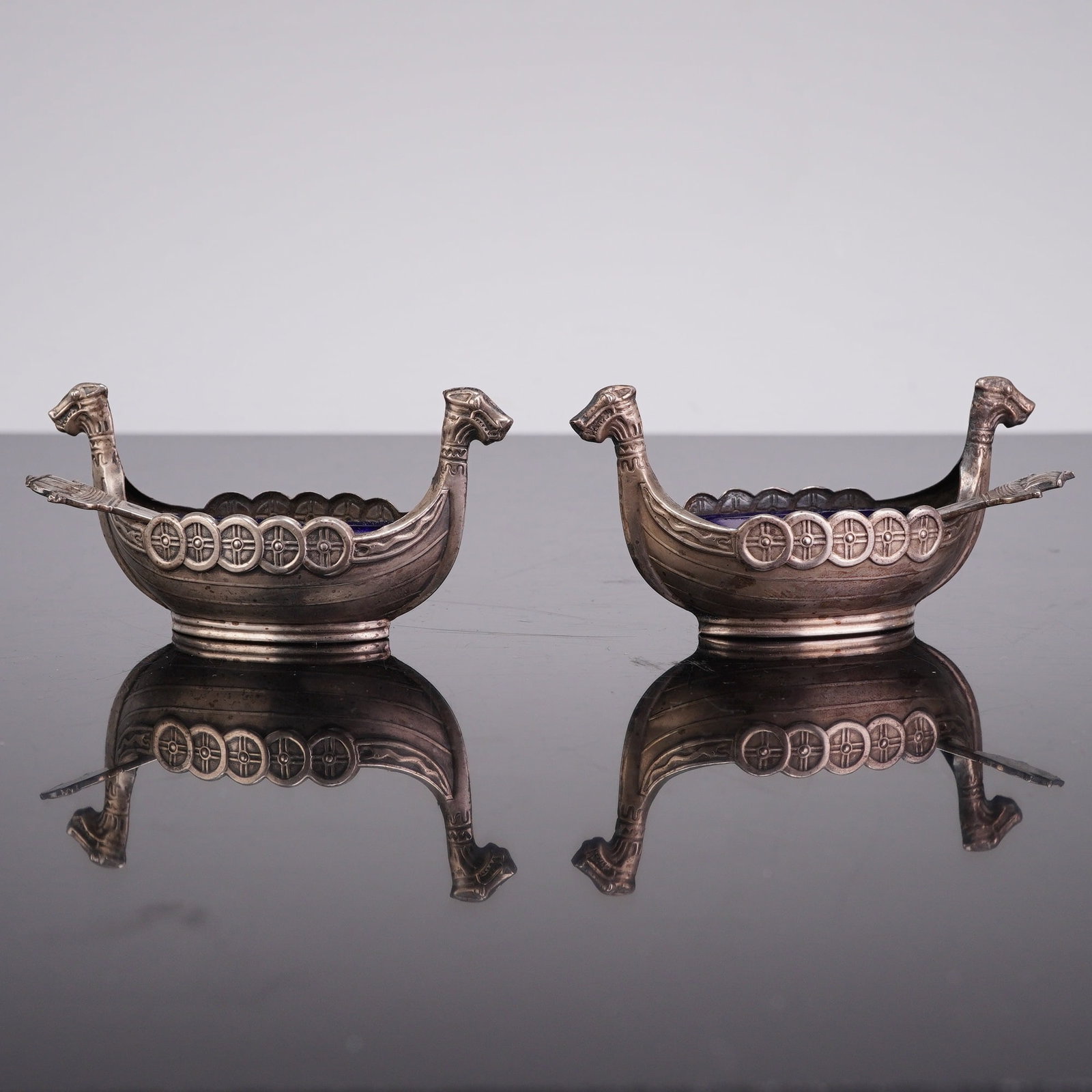 Pair of Swedish Sterling Silver Viking Ship Salt Cellars with Cobalt Blue Glass Inserts and Spoons (1 of 4)