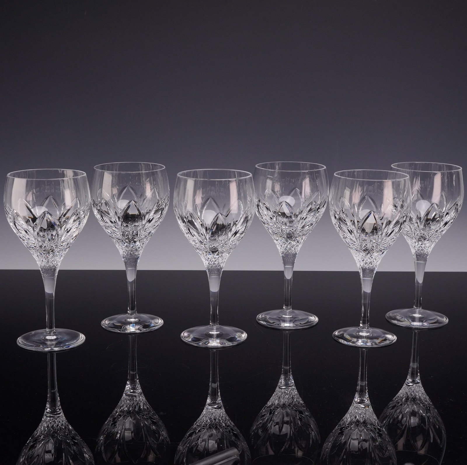 6pc Atlantis Crystal Chartres Pattern Large Water Goblets: This is a set of six matching full lead crystal large water goblets in the Chartres pattern manufactured by Atlantis Crystal in Portugal. Each glass features a hand-cut design characterized by a band 