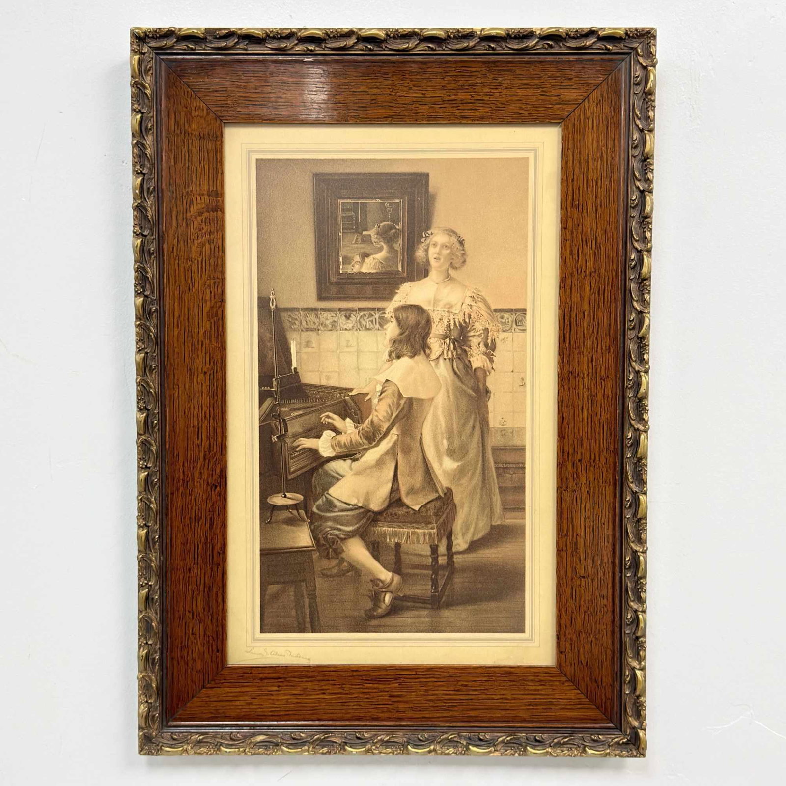 Laura Theresa Alma-Tadema, The Song, Chromolithograph: This chromolithograph is after the original painting titled The Song by British artist Laura Theresa Alma-Tadema (1852-1909). The image depicts a 17th-century Dutch-style domestic interior featuring